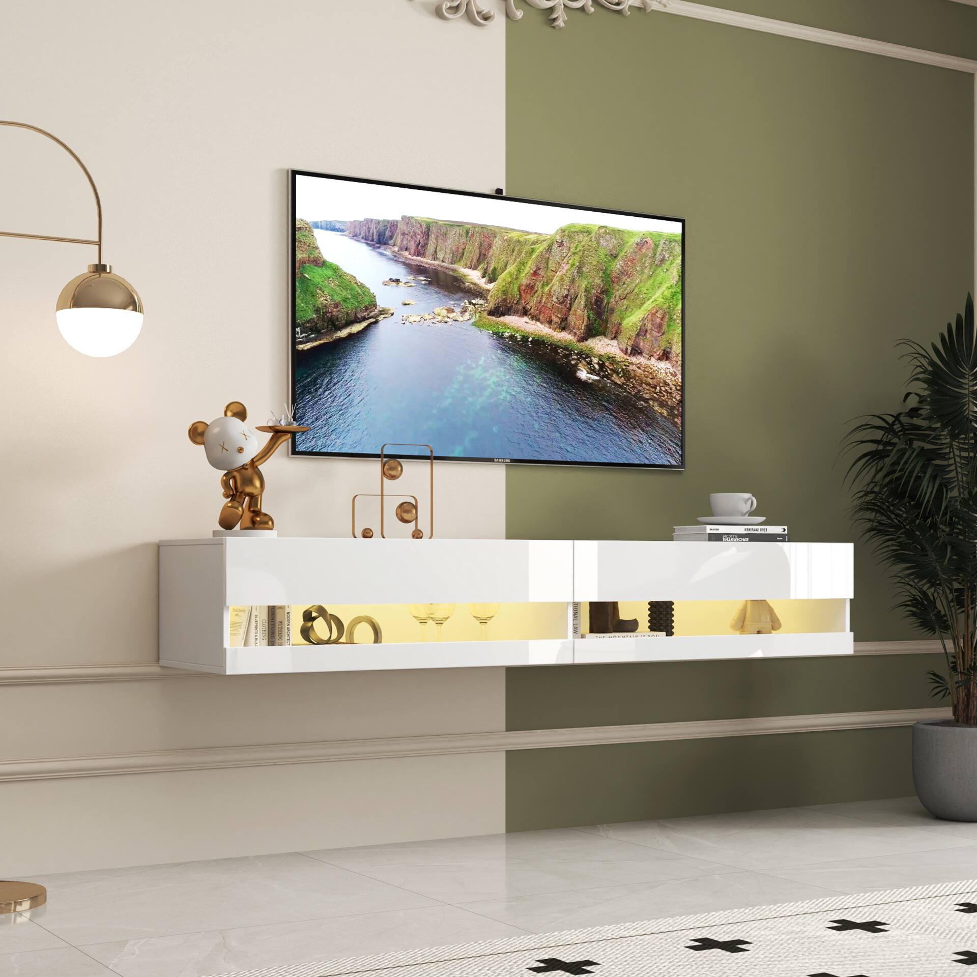 Alt View 1. Spaco - Spaco 180 Wall Mounted Floating 80" TV Stand with 20 Color LEDs and Charging Station for Living Room Bedroom - White.
