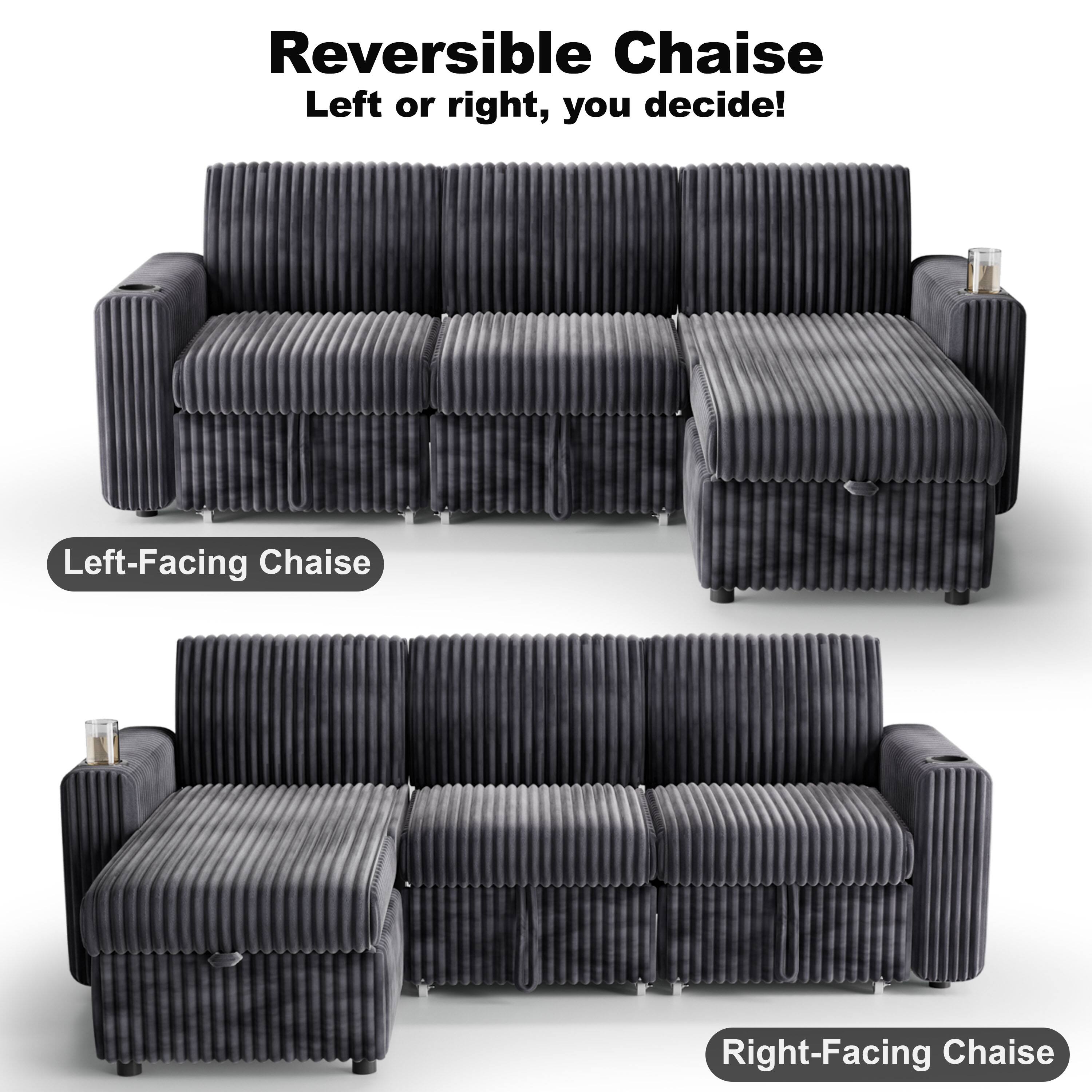 Reversible Chaise  
Left or right, you decide!  

Left-Facing Chaise  
Right-Facing Chaise