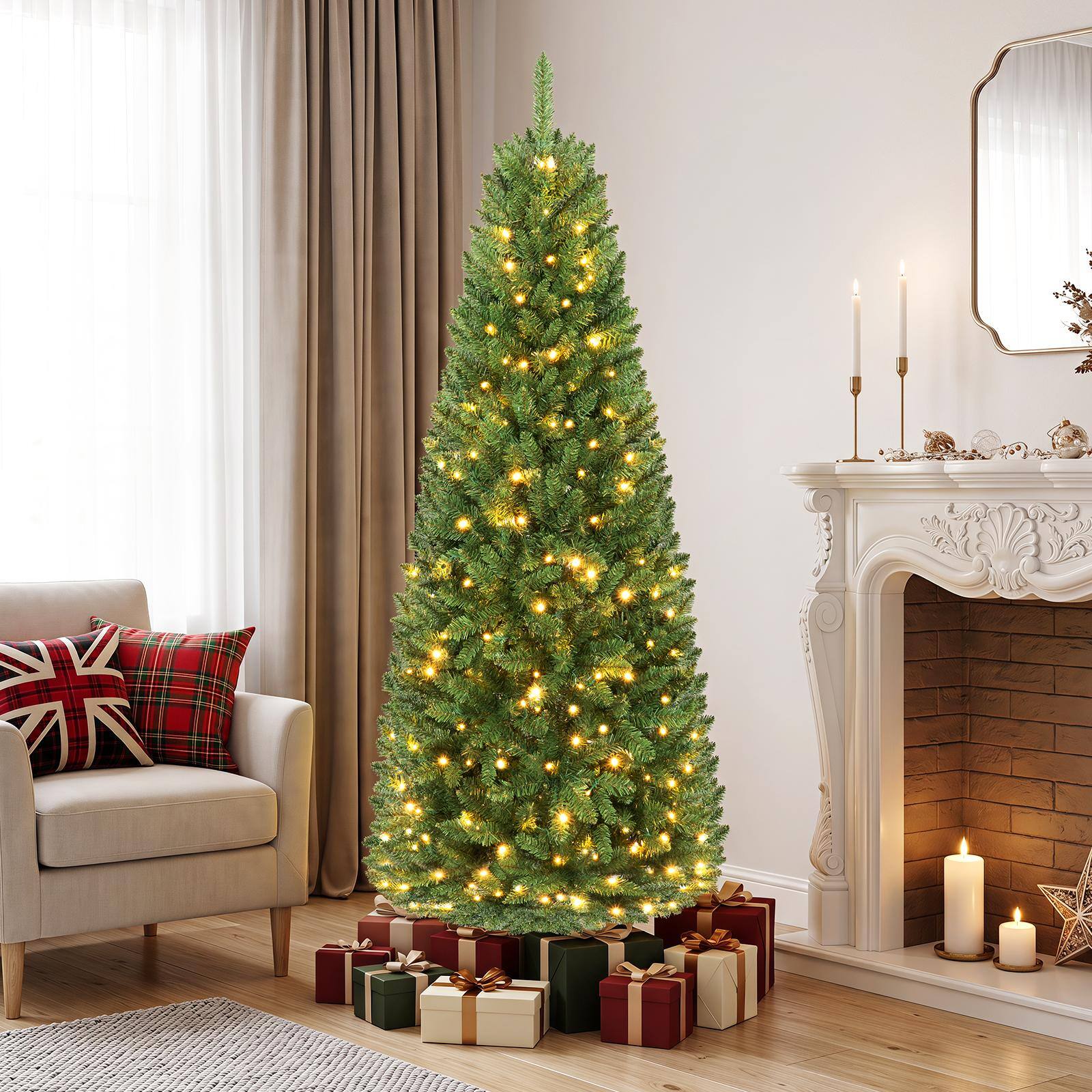 Alt View 4. Costway - 6 FT Pre-Lit Pencil Christmas Tree Hinged with 250 LED Lights - Green.