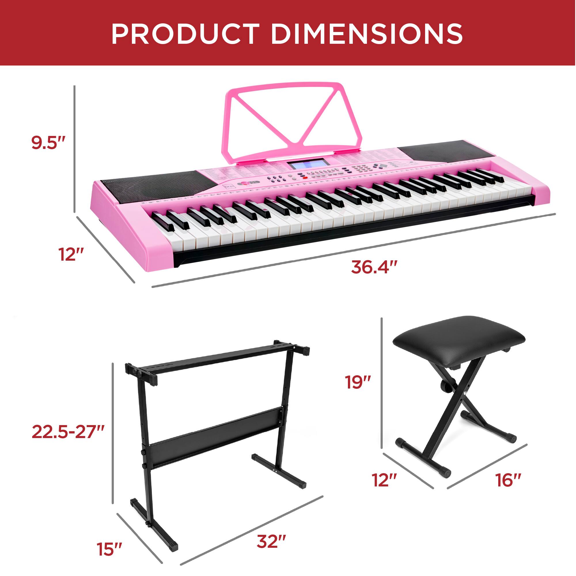 PRODUCT DIMENSIONS

- Keyboard: 9.5" x 12" x 36.4"
- Stand: 15" x 22.5-27" x 32"
- Bench: 12" x 16" x 19"
