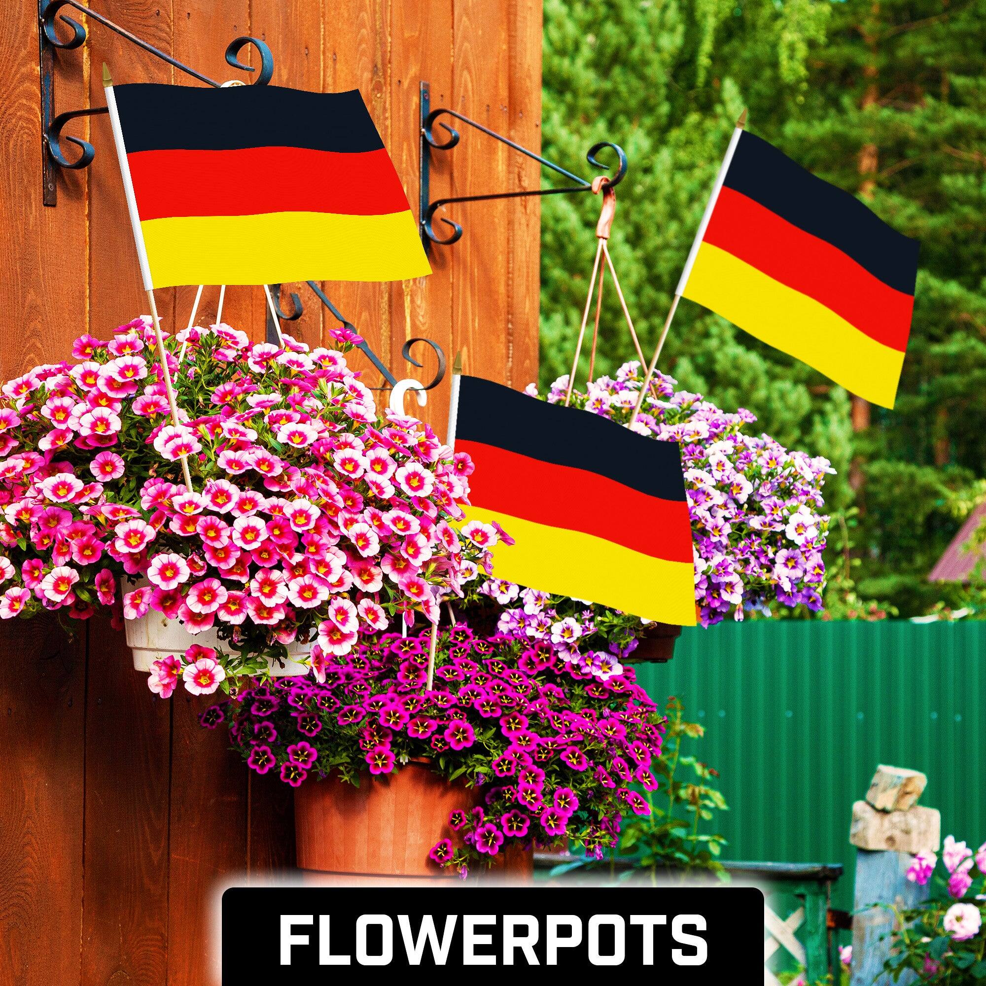 Angle. G128 - 12 Pack Handheld Germany Stick Flags, 12 x 18 in, 150D Polyester with Wooden Stick and Gold Spear Tip. - Assorted Colors.
