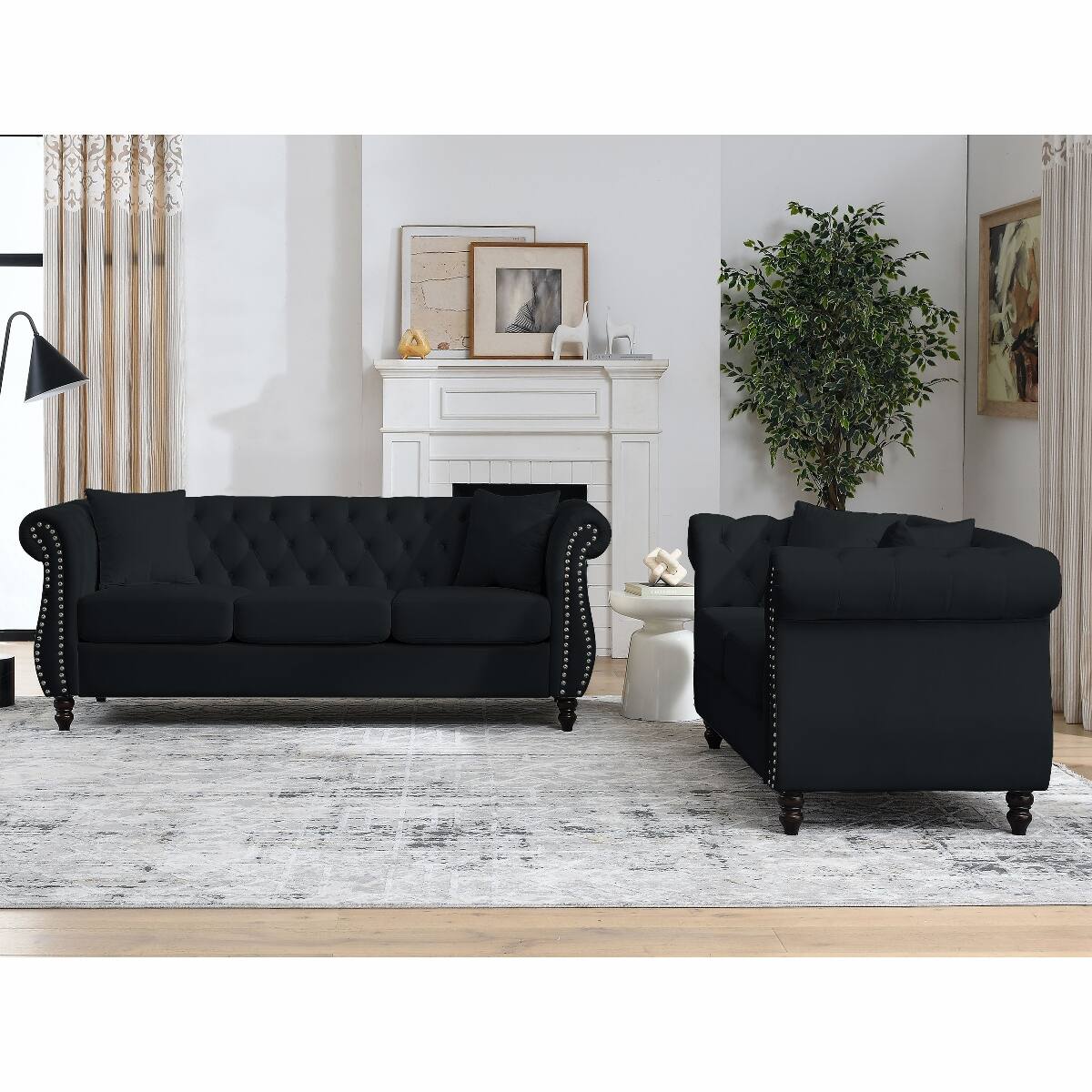 Angle. Ropilly - Ropilly 80 Inch Black Velvet Chesterfield Sofa, 3 Seater Tufted Couch with Rolled Arms and Nailhead Trim - Black.