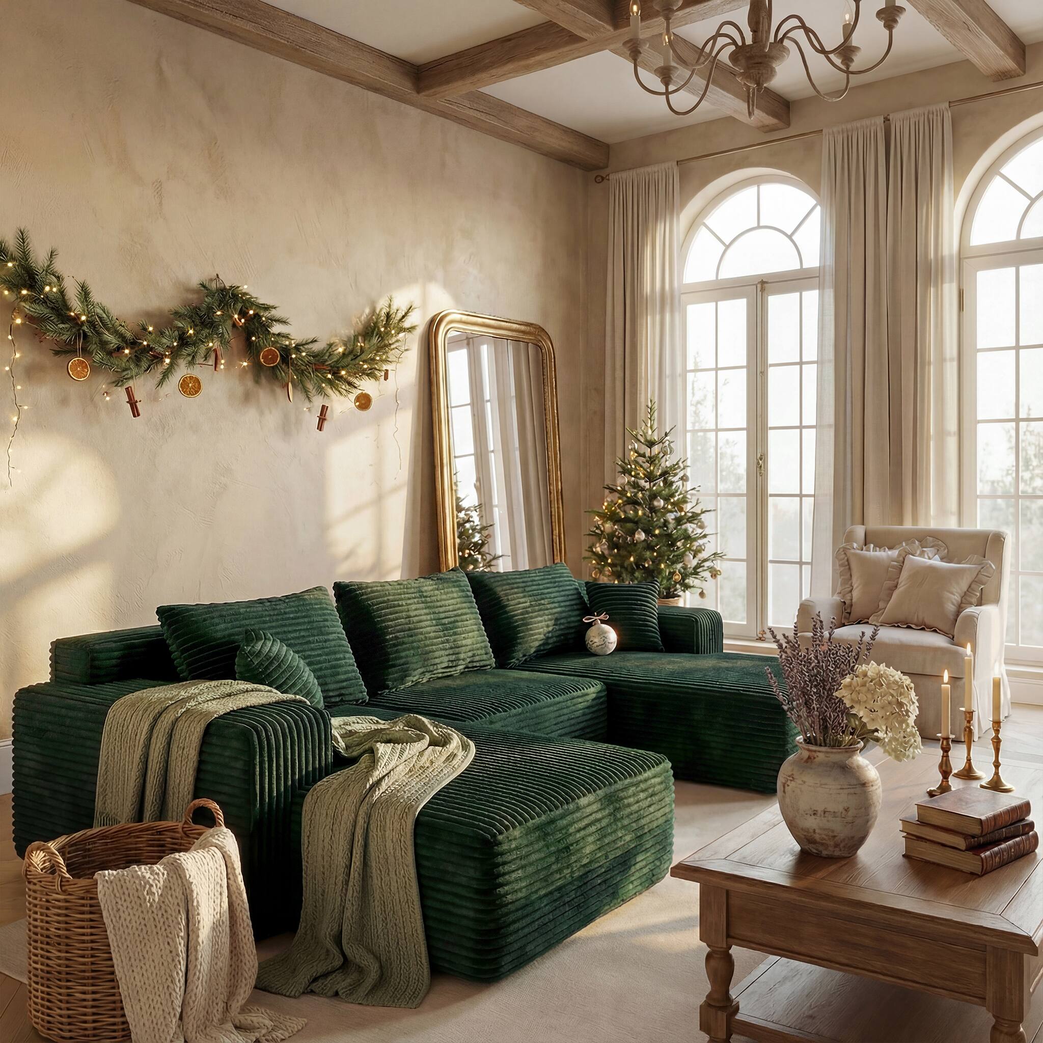 Left. FUFU & GAGA - Dark Green Modular Plush Velvet Sectional Sofa with Chaise, Soft High-Density Foam, Pet-Friendly Living Room Couch - Dark Green.