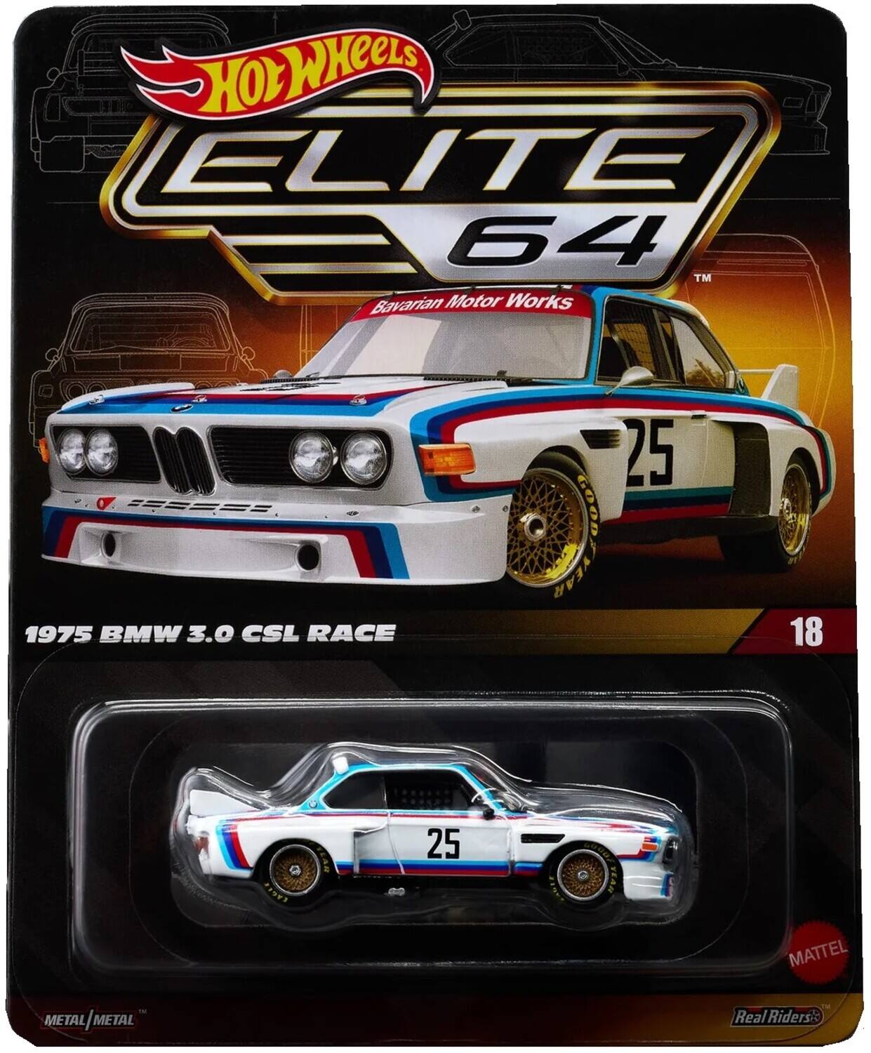 Hot Wheels Elite 64  
Bavarian Motor Works  
1975 BMW 3.0 CSL Race  
25  
18  
Metal/Metal  
Real Riders  
Mattel