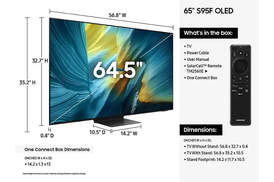 56.8" W 65" S95F OLED What's in the box: 32.7" H 35.2" H 64.5" TV Power Cable User Manual SolarCellM Remote TM2560E One Connect Box SAMSUNG H 10.5" D 0.4" D One Connect Box Dimensions (INCHES W x H x D): 14.2 X 1.3 x 13 14.2" W Dimensions: (INCHES W x H x D): TV Without Stand: 56.8 x 32.7 X 0.4 TV With Stand: 56.8 x 35.2 X 10.5 Stand Footprint: 14.2 X 11.7 X 10.5 Stand height not shown in visual. Features and specifications subject to change.