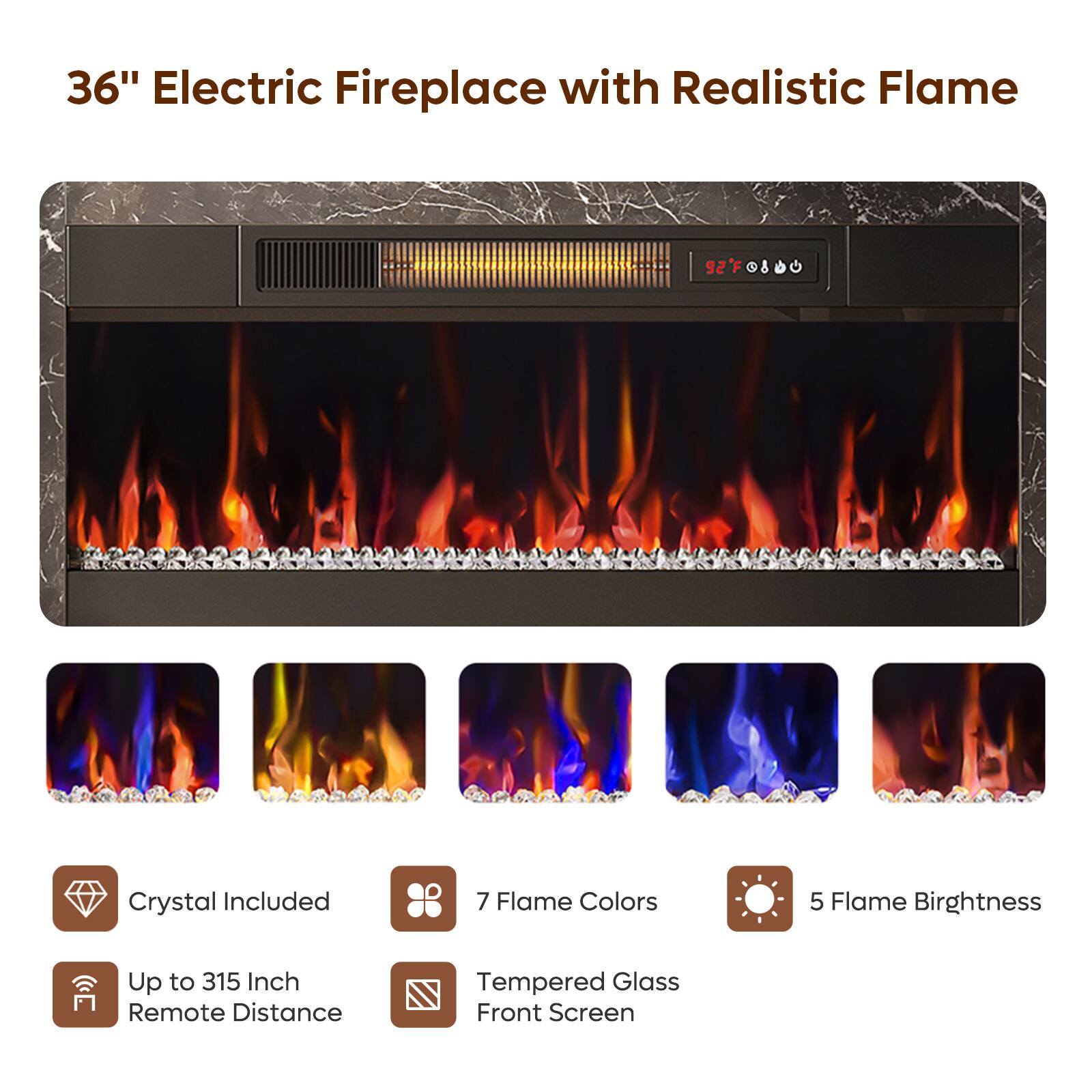 36" Electric Fireplace with Realistic Flame: 3'se I Crystal Included, 7 Flame Colors, 5 Flame Brightness, Up to 315 Inch Remote Distance, Tempered Glass Front Screen.