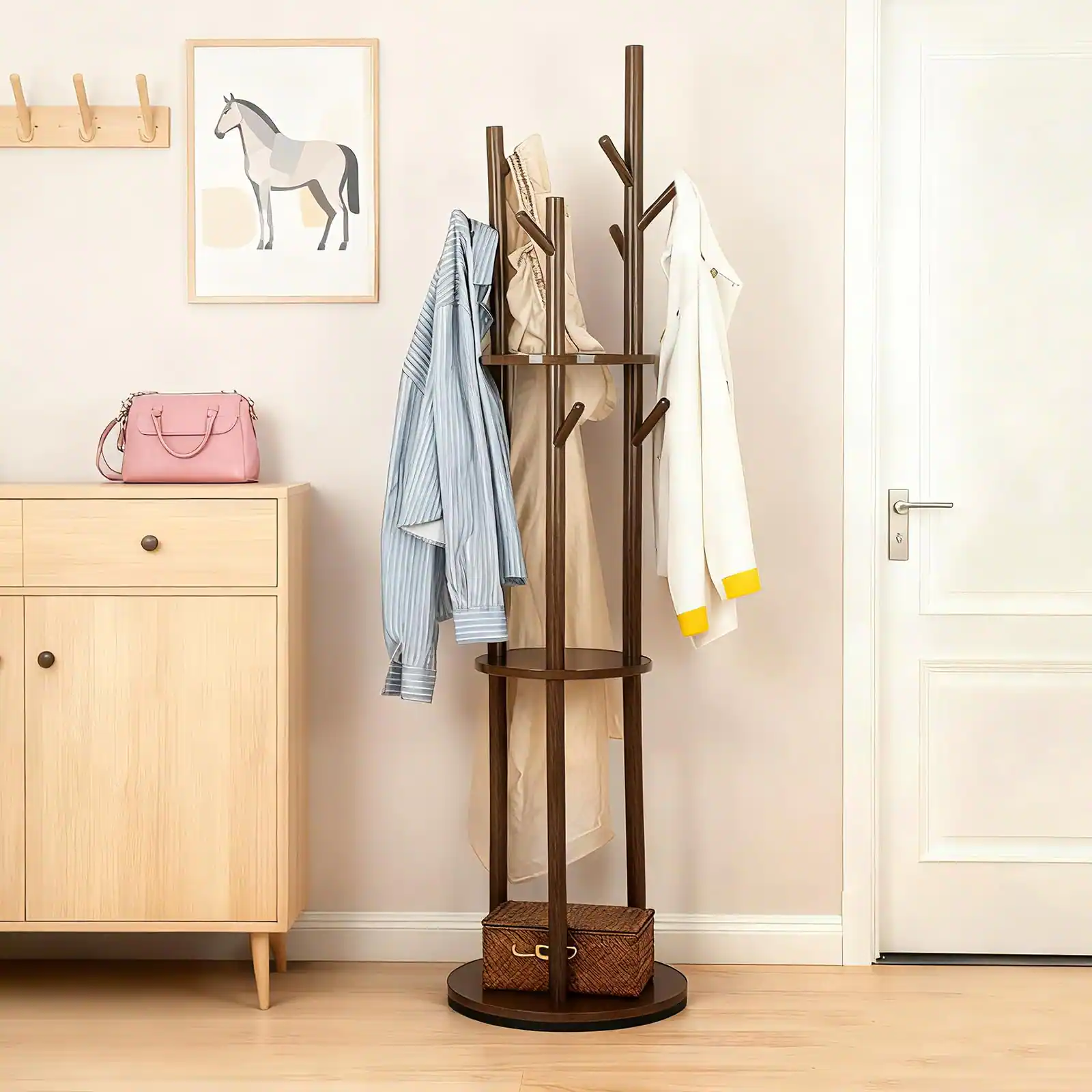 Front. HM 1810 - Freestanding Coat Rack Solid Pine Wood Rotary Tree With 3 Shelves And 9 Hanging Handles Hanger Stand For... - Default.