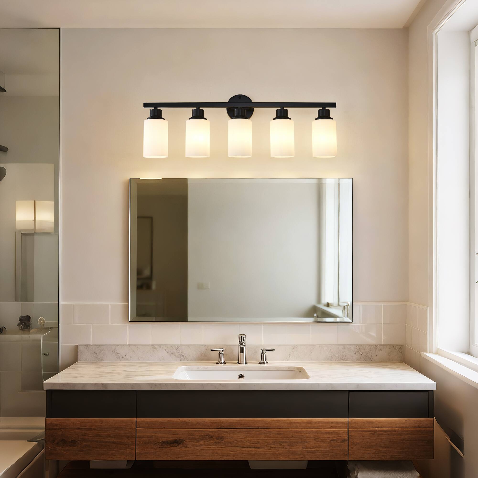 Alt View 1. Boyel Living - 5 Light Matte Black Wall Lamps with White Glass Shades No Bulbs Sconce Lighting for Bedroom Living Room.