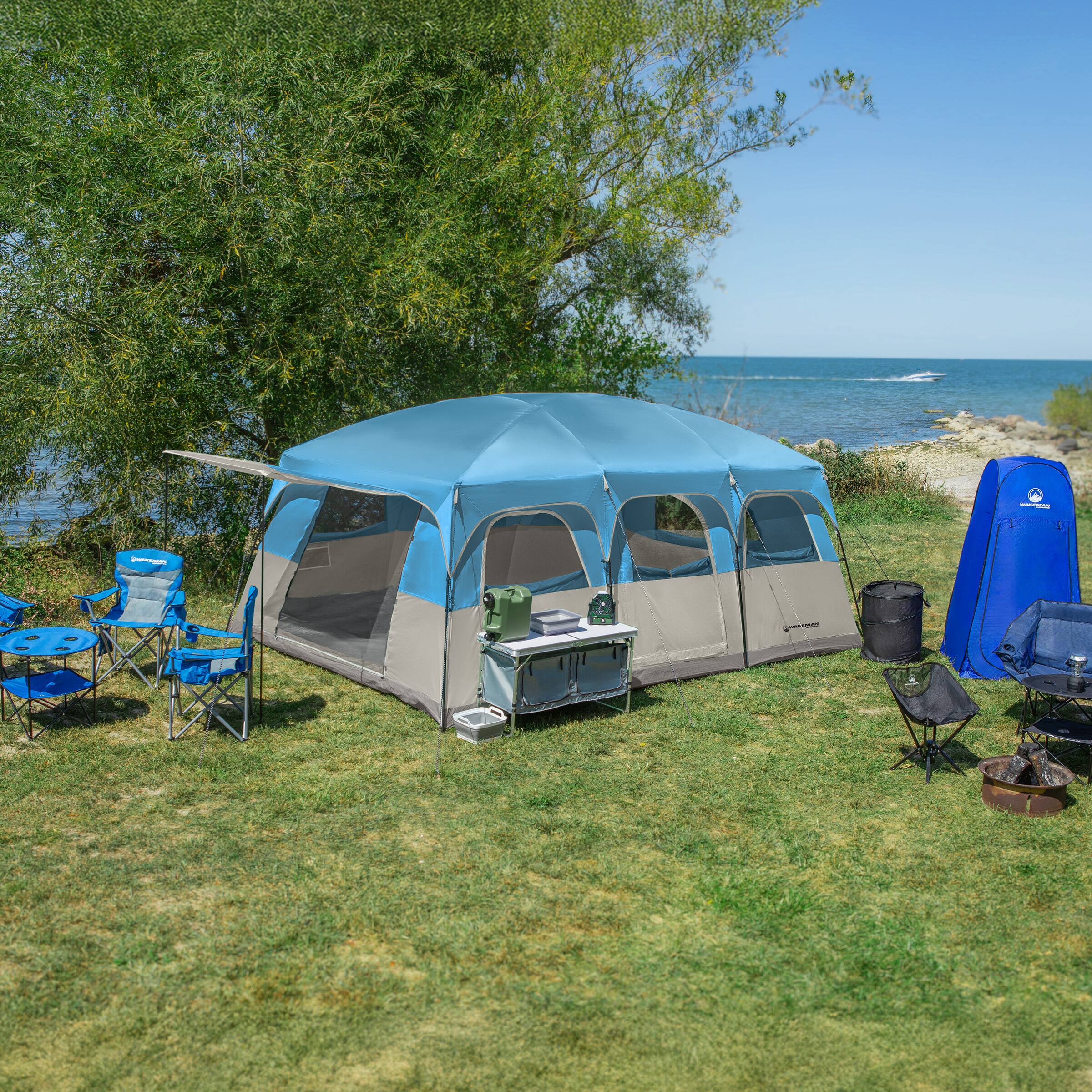 Alt View 7. Wakeman Outdoors - 12 Person Large Camping Tent Tall Family Cabin Shelter with 2 Room Dividers, 6 Mesh Windows, Rainfly, and Carry Bag - Blue/Gray.