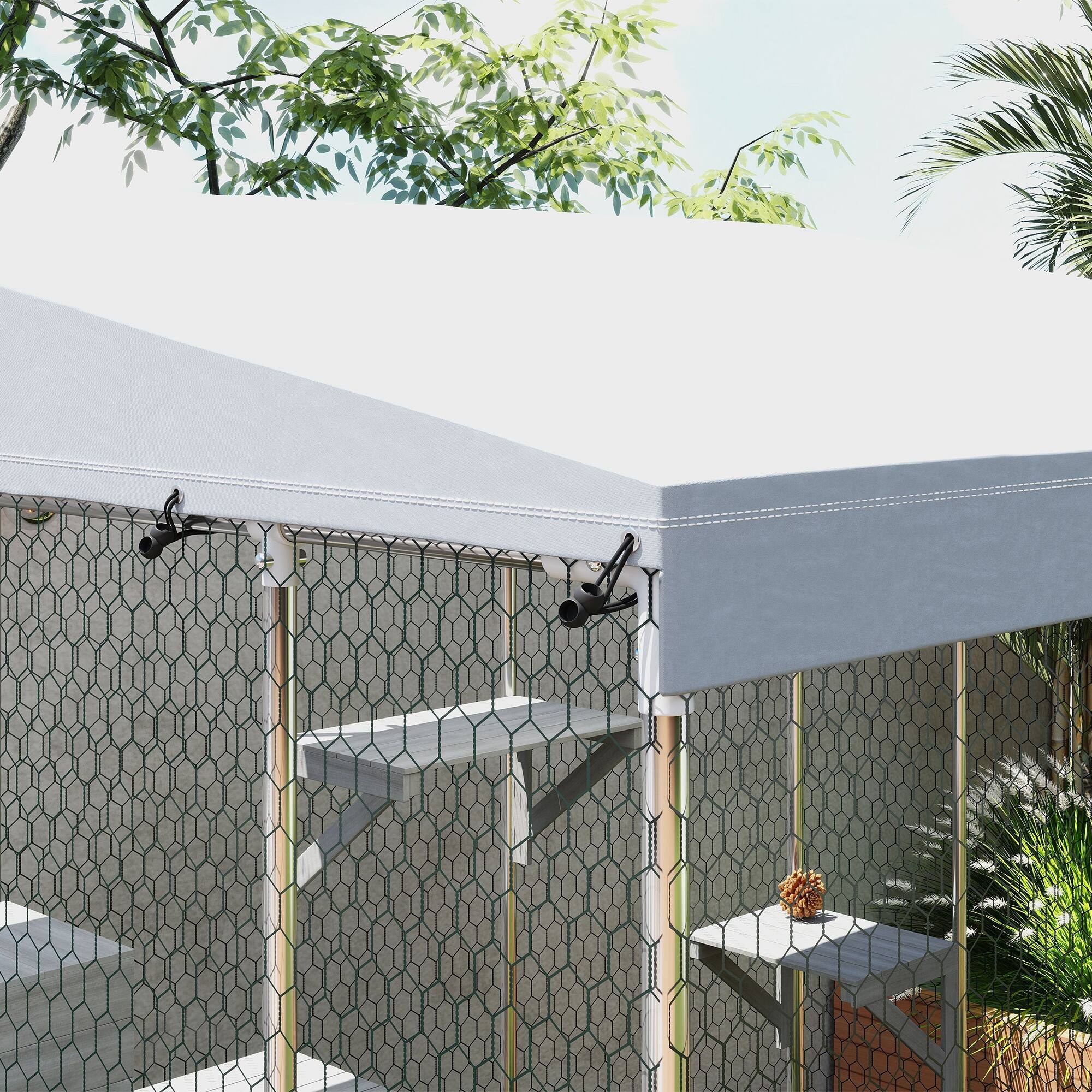 Alt View 5. Pawhut - 79" Large Catio Outdoor Enclosure, Galvanized Steel, 420D Waterproof Canopy, 1-3 Large Cats, Sleeping Box, Platforms.