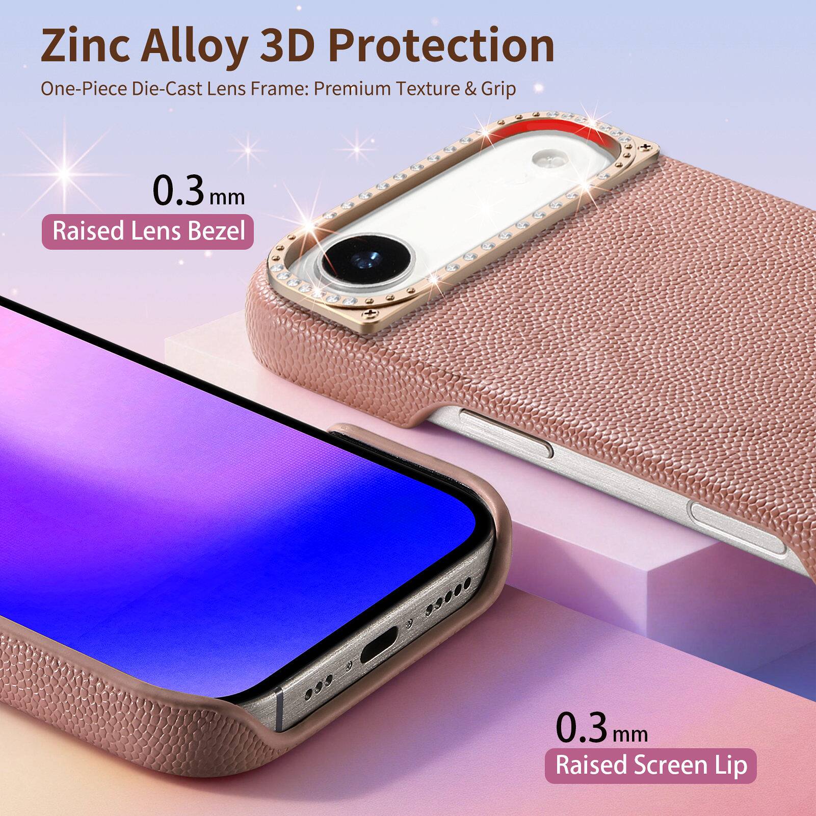 Zinc Alloy 3D Protection  
One-Piece Die-Cast Lens Frame: Premium Texture & Grip  
0.3 mm Raised Lens Bezel  
0.3 mm Raised Screen Lip