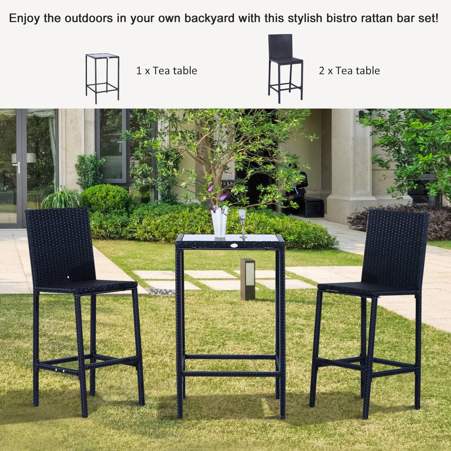 Enjoy the outdoors in your own backyard with this stylish bistro rattan bar set!

1 x Tea table

2 x Tea table