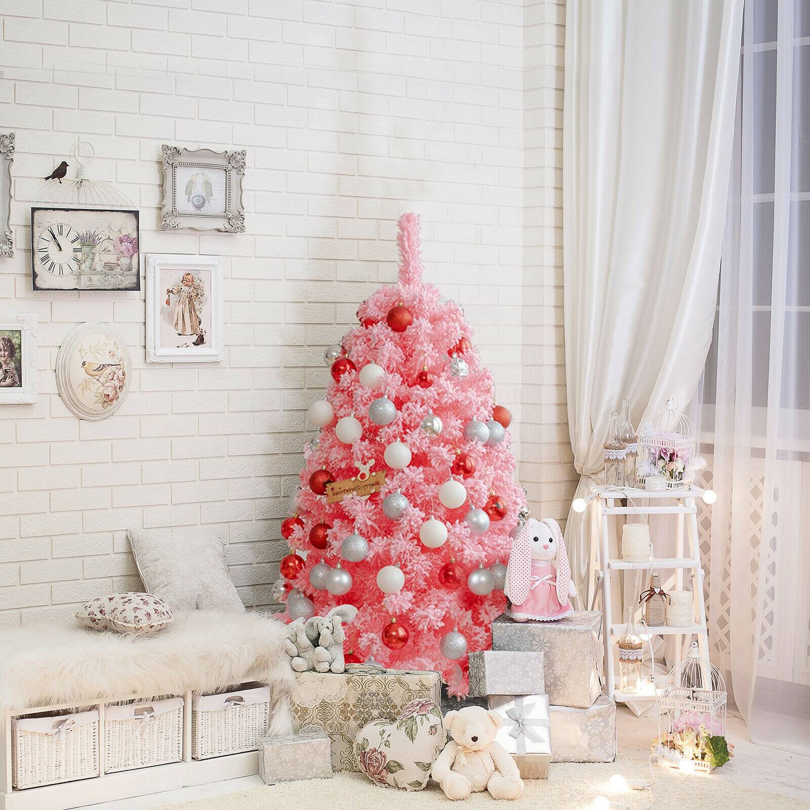 Alt View 8. Ecooso - 4.5ft Artificial Christmas Tree with Snow Flocked PVC Tips and Metal Stand - Pink.