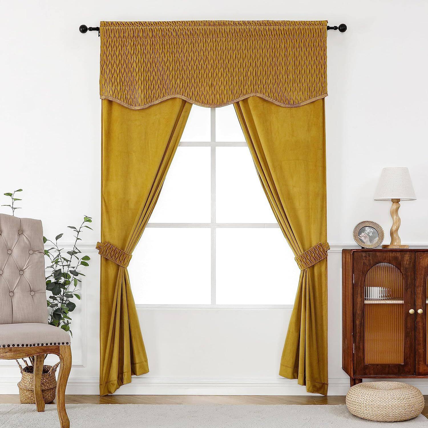 Front. Kate Aurora - Kate Aurora Christmas Essentials Light Filtering Complete Attached Velvet Window Curtains & Valance Set - Gold - Gold.