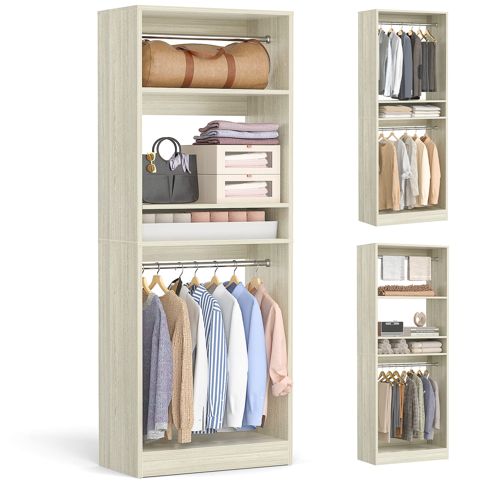 Aheaplus - 25'' Closet System with 2 Hanging Rods, Freestanding Closet Organizer System with Adjustable Shelves - Beige Oak
