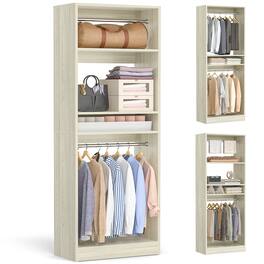 Aheaplus - 25'' Closet System with 2 Hanging Rods, Freestanding Closet Organizer System with Adjustable Shelves - Beige Oak