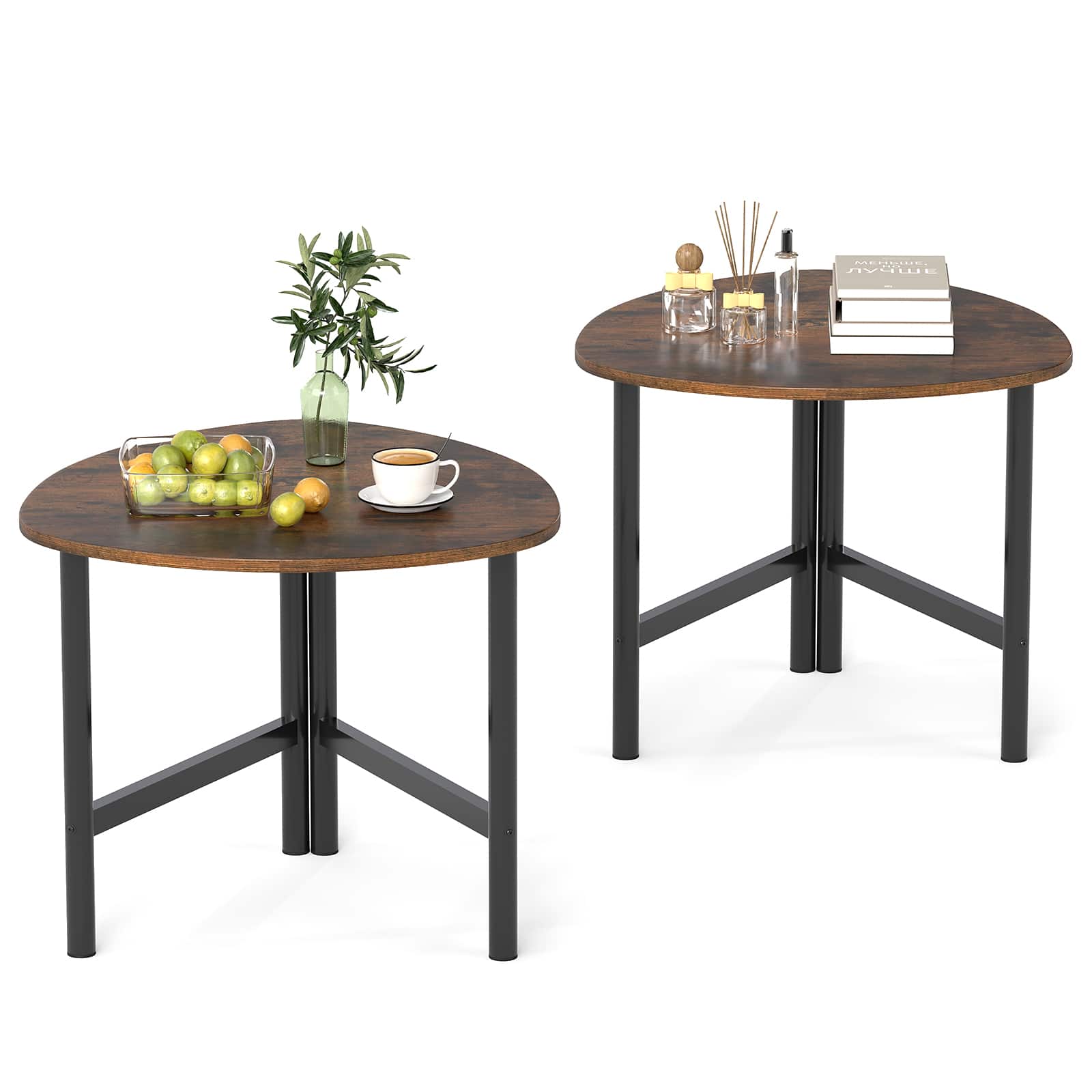 Gymax - 2PCS Triangle Coffee Table w/Metal Legs Industrial Center Table for Living Room Rustic - Brown