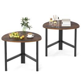 Gymax - 2PCS Triangle Coffee Table w/Metal Legs Industrial Center Table for Living Room Rustic - Brown