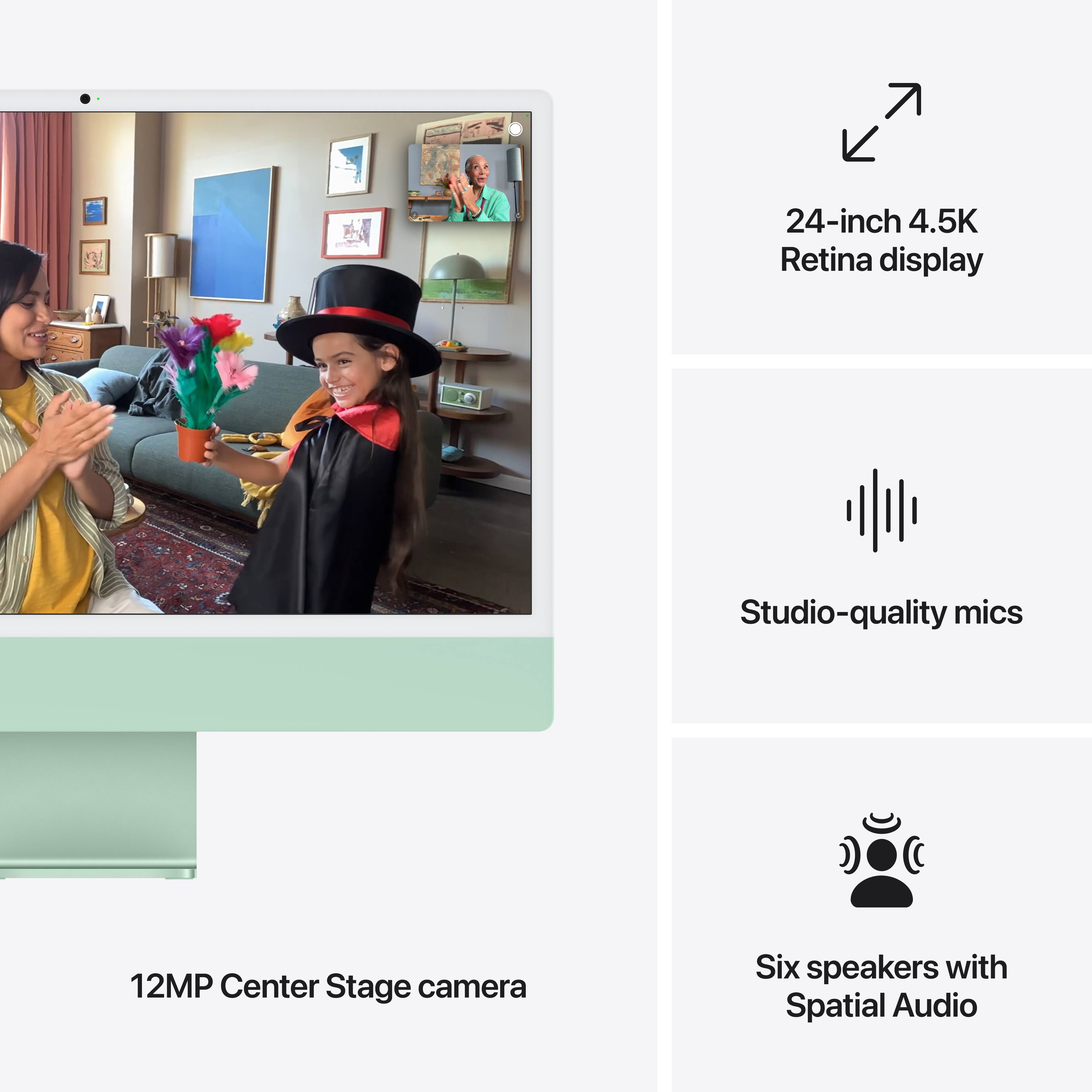 The text on the image can be grouped and corrected as follows:

* Display: 24-inch 4.5K Retina display
* Audio: Studio-quality mics, Six speakers with Spatial Audio