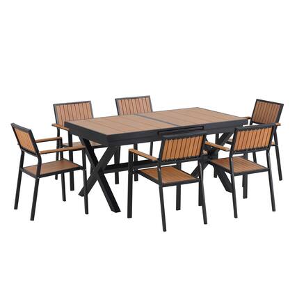 Front. Mondawe - 7-Piece Outdoor Dining Set with 6 Chairs and Extendable Table - Black+Natural.