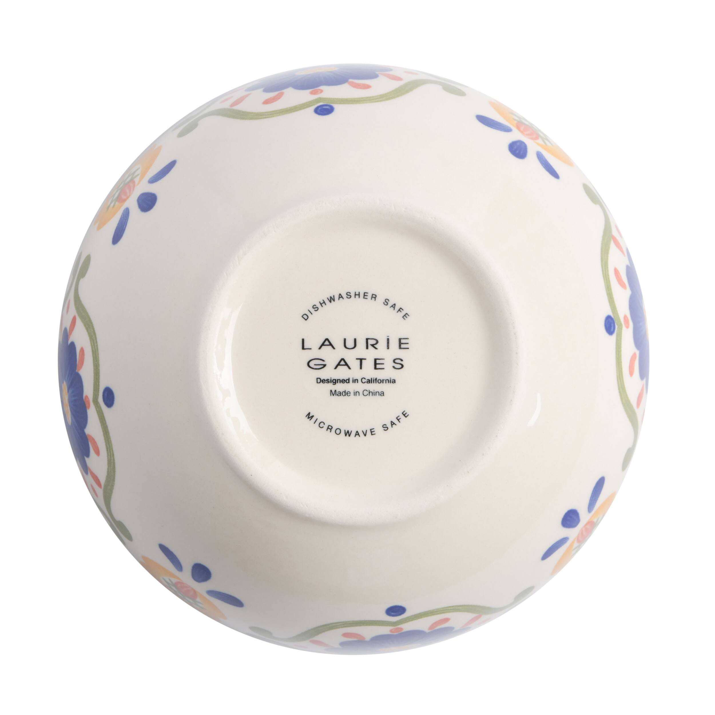 The text on the image reads: "Dishwasher safe. Laurie Gates. Designed in California. Made in China. Microwave safe."