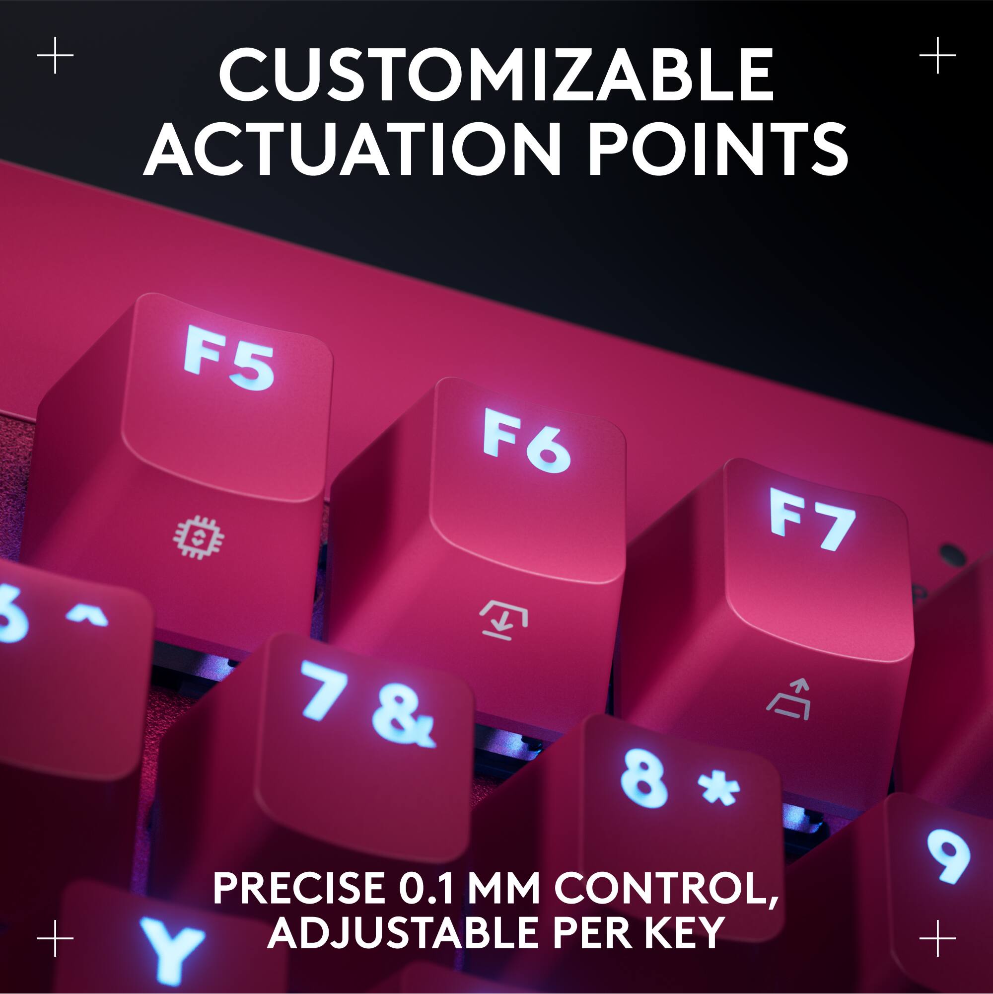 Customizable Actuation Points: F5, F6, F7, 3, 7 & 8. Precise 0.1mm control, Adjustable per key.