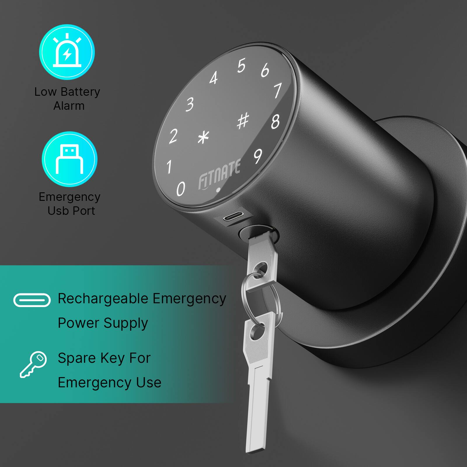 Low Battery Alarm, Emergency Usb Port, 5 6 4 1 3 # 8 2 * 9 1 0 FITNATE, Rechargeable Emergency Power Supply, Spare Key For Emergency Use