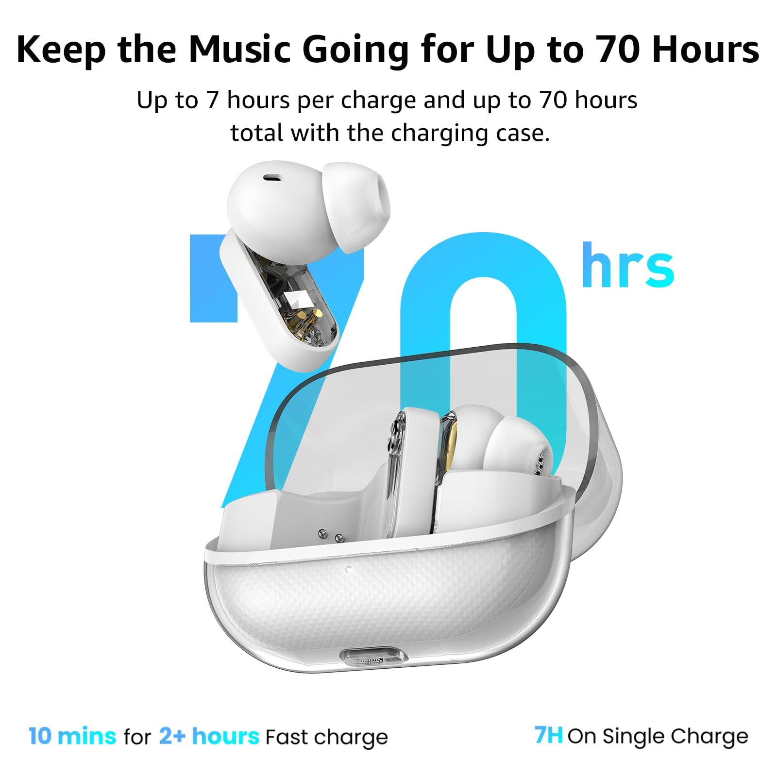 Keep the Music Going for Up to 70 Hours

Up to 7 hours per charge and up to 70 hours total with the charging case.

10 mins for 2+ hours Fast charge

7H On Single Charge