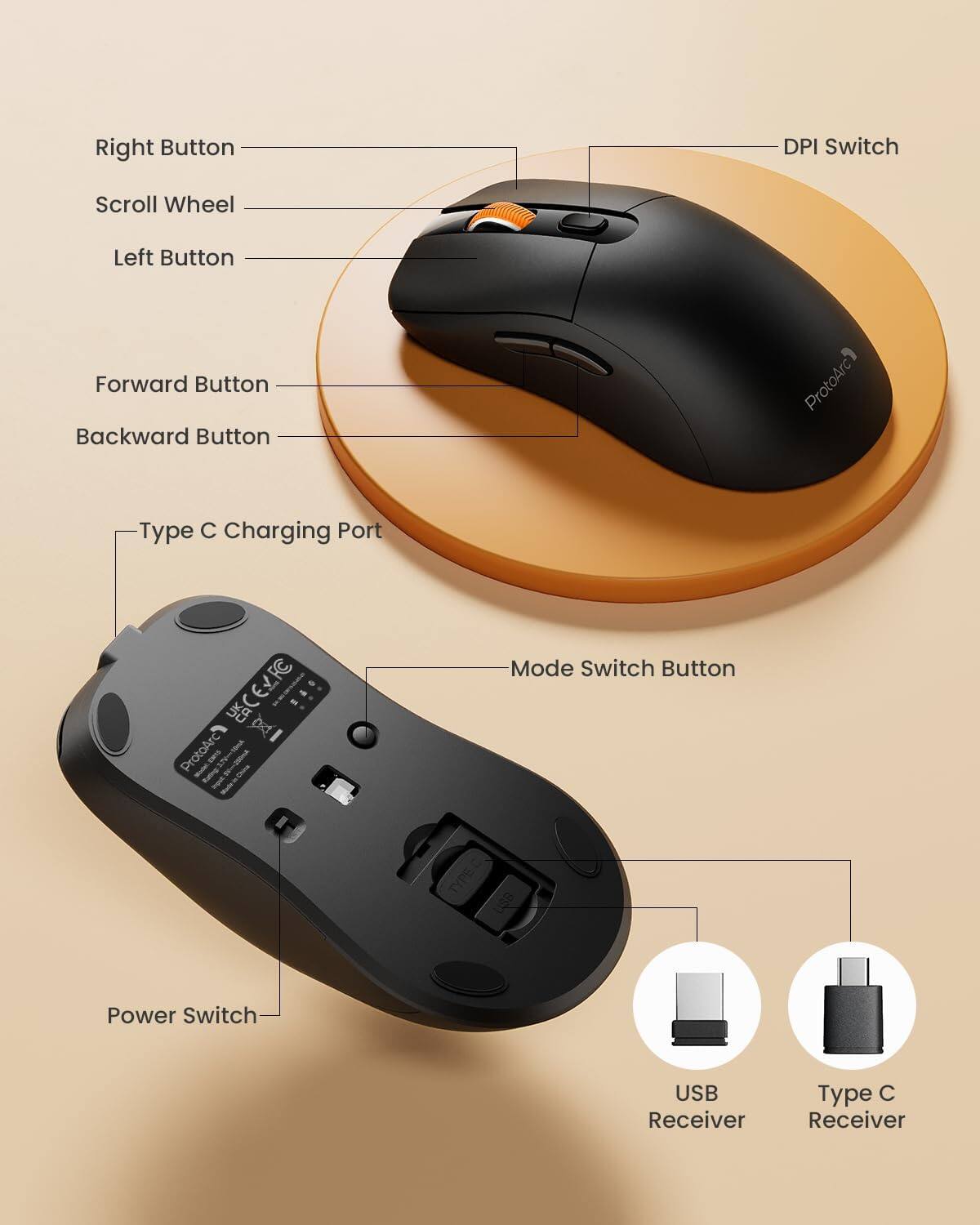 - Right Button
- DPI Switch
- Scroll Wheel
- Left Button
- Forward Button
- Backward Button
- ProtoArc
- Type C Charging Port
- CELFC ProtoArc1 BLACK
- Mode Switch Button
- TYPEC USB
- Power Switch
- USB Receiver
- Type C Receiver