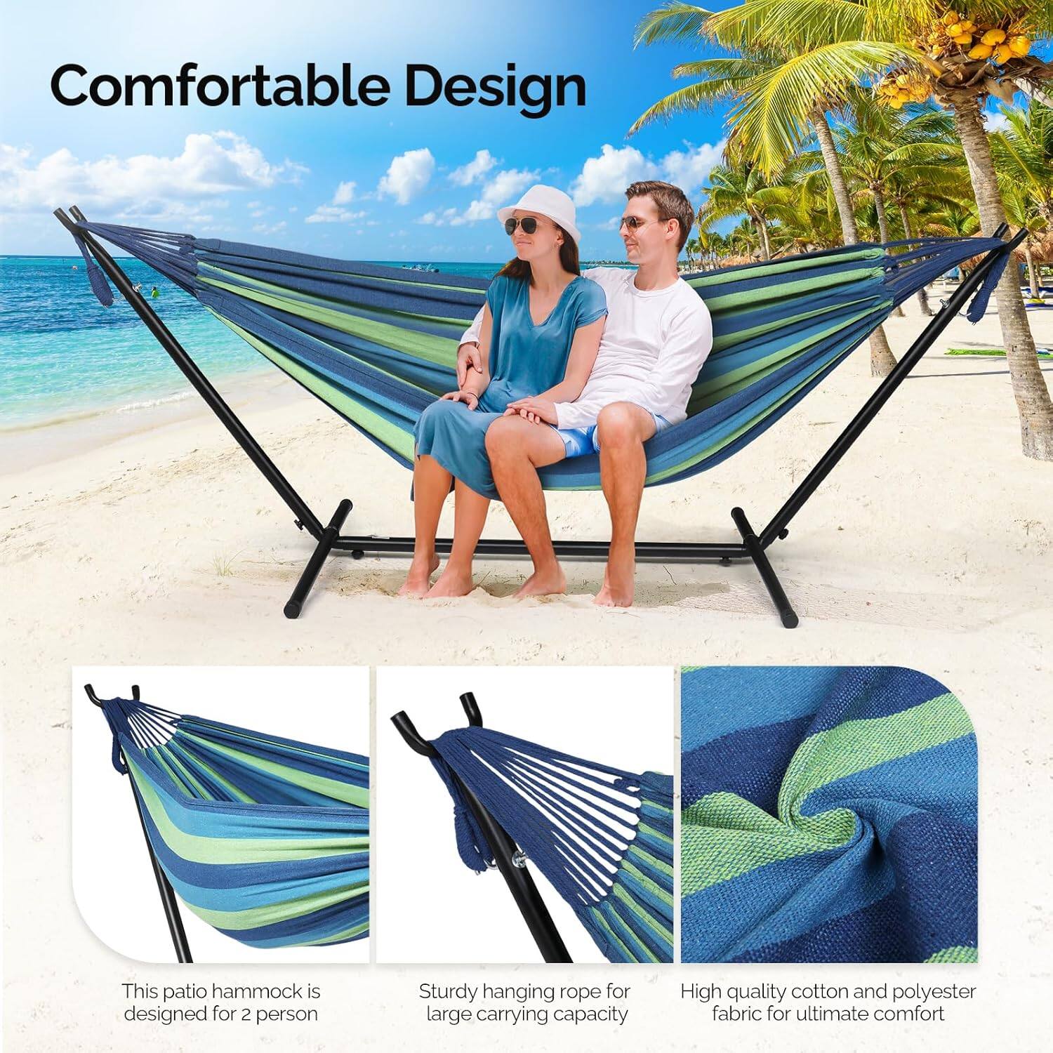 Comfortable Design

This patio hammock is designed for 2 person

Sturdy hanging rope for large carrying capacity

High quality cotton and polyester fabric for ultimate comfort