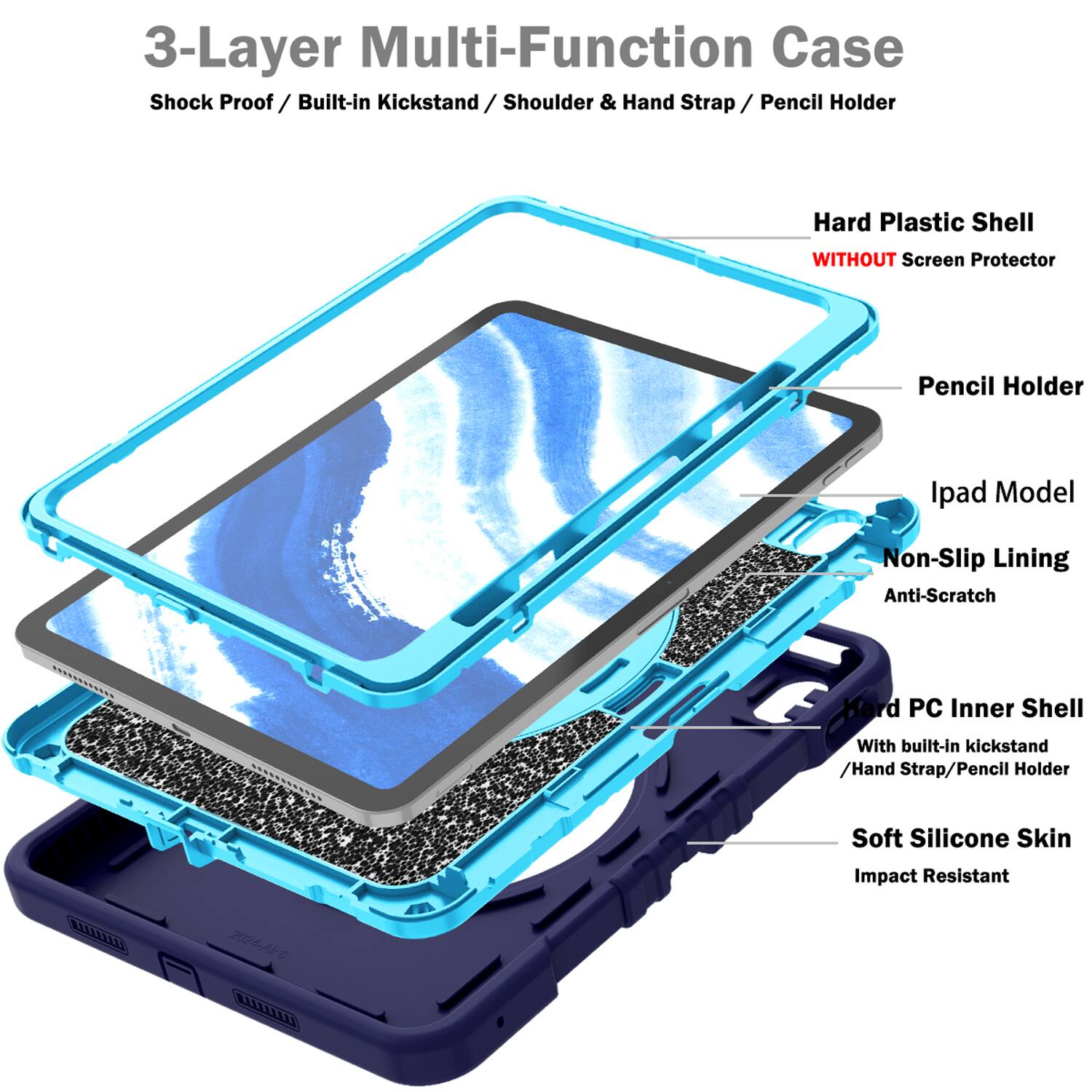 3-Layer Multi-Function Case  
Shock Proof / Built-in Kickstand / Shoulder & Hand Strap / Pencil Holder  
Hard Plastic Shell WITHOUT Screen Protector  
Pencil Holder  
Ipad Model  
Non-Slip Lining  
Anti-Scratch  
Hard PC Inner Shell With built-in kickstand / Hand Strap / Pencil Holder  
Soft Silicone Skin  
Impact Resistant  
aUI 2024-A5
