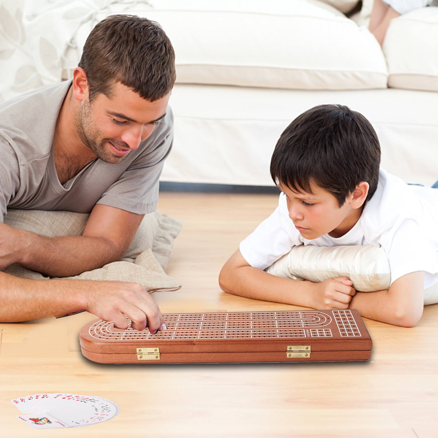 Alt View 3. GSE Games & Sports Expert - 3-Track Wooden Cribbage Board Game with Playing Cards, Metal Pegs and Storage Area for Family Game.