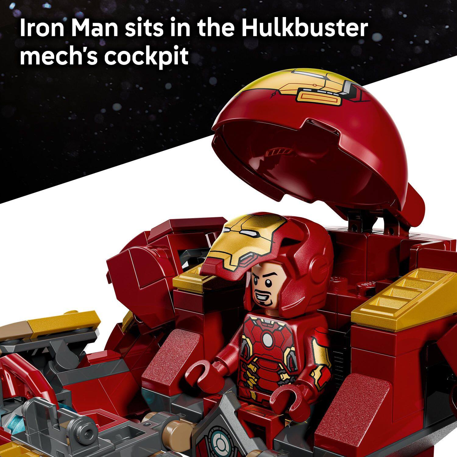 Iron Man sits in the Hulkbuster mech's cockpit