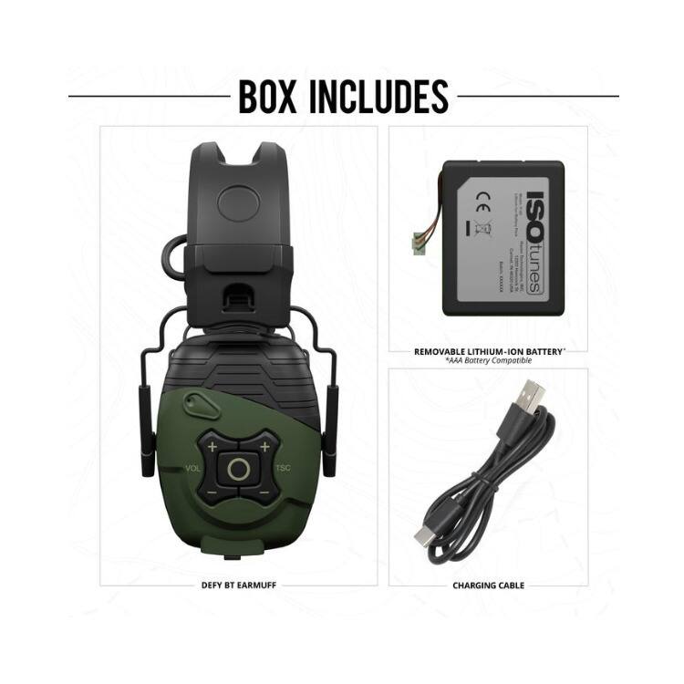 BOX INCLUDES

- ISO tunes REMOVABLE LITHIUM-ION BATTERY
- AAA Battery Compatible
- VOL O TSC DEFY BT EARMUFF
- CHARGING CABLE