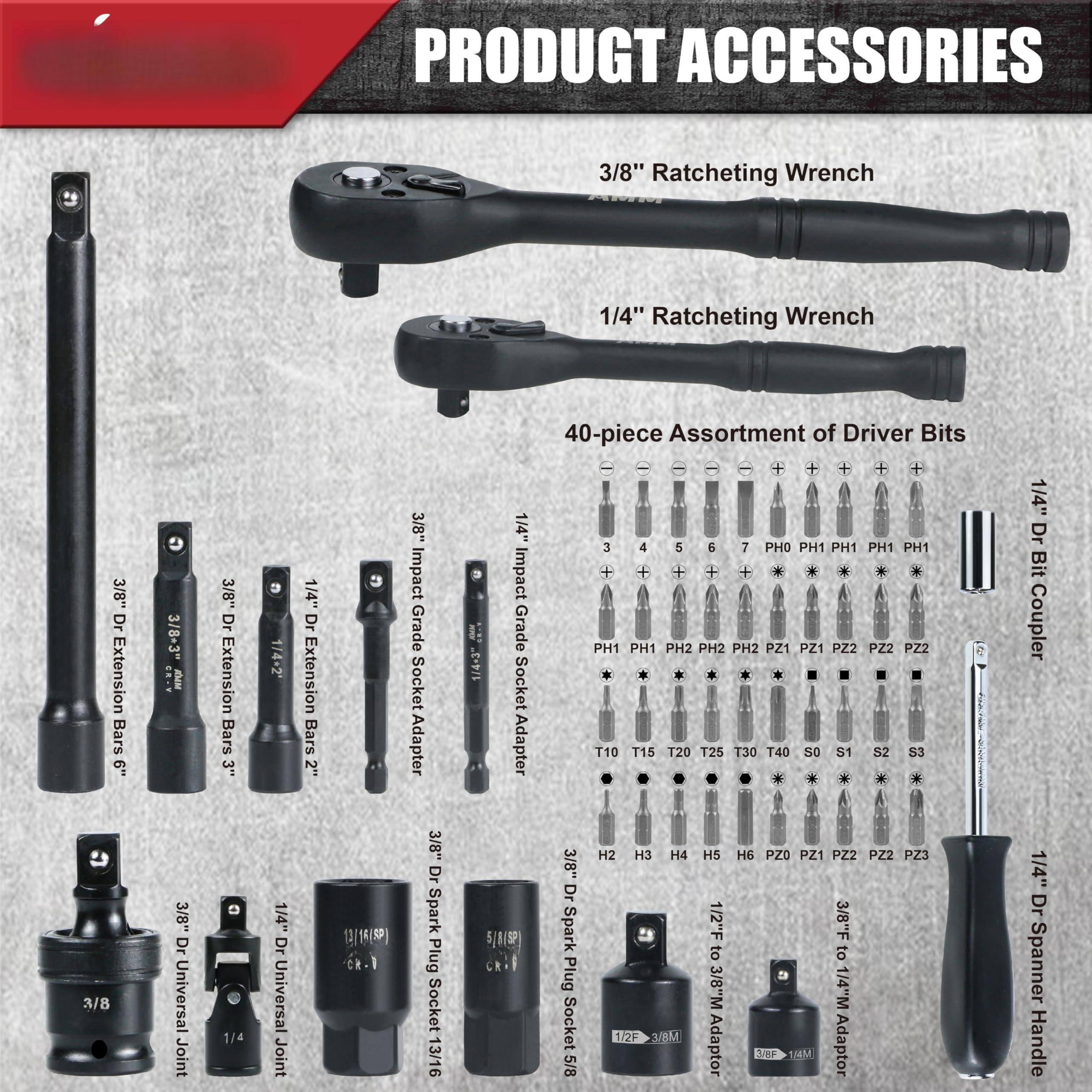 **PRODUCT ACCESSORIES**

- 3/8" Ratcheting Wrench
- 1/4" Ratcheting Wrench
- 3/8" Dr Extension Bars 6"
- 3/8" Dr Extension Bars 3"
- 1/4" Dr Extension Bars 2"
- 3/8" Impact Grade Socket Adapter
- 1/4" Impact Grade Socket Adapter
- 40-piece Assortment of Driver Bits
  - PH1, PH2, PH3, PH4
  - PZ1, PZ2, PZ3
  - T10, T15, T20, T25, T30, T40
  - S1, S2, S3
- 1/4" Dr Bit Coupler
- 3/8" Dr Universal Joint
- 1/4" Dr Universal Joint
- 3/8" Dr Spark Plug Socket 13/16"
- 3/8" Dr Spark Plug Socket 5/8"
- 1/2" F to 3/8" M Adaptor
- 3/8" F to 1/4