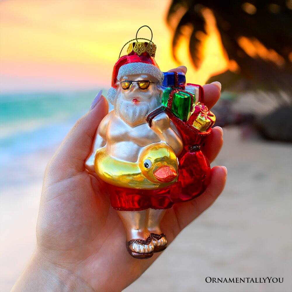Back. OrnamentallyYou - Santa on Summer Vacation in the Pool Quirky Glass Christmas Ornament Rubber Duckey Tropical Holiday - Multi-colored.