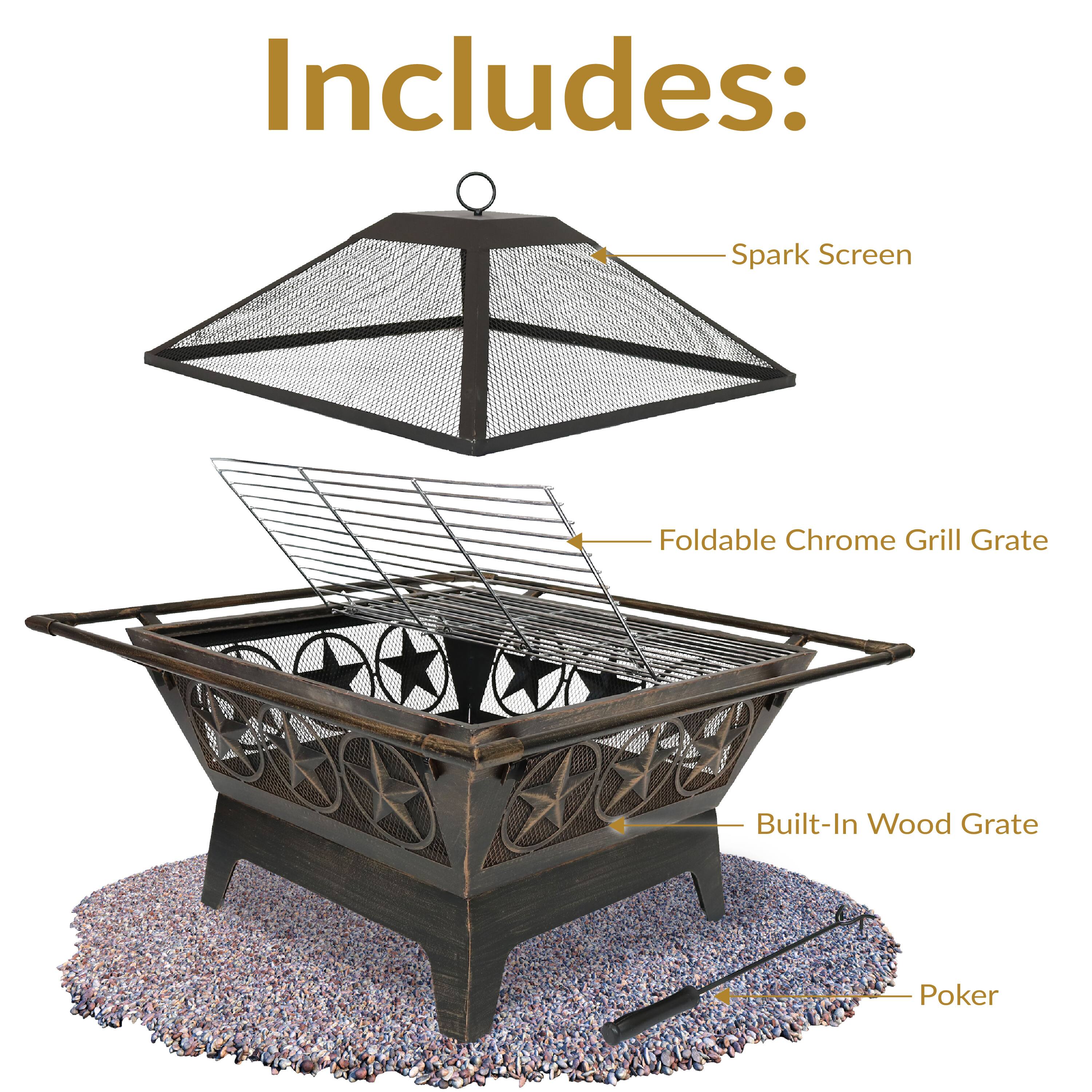 Includes:
- Spark Screen
- Foldable Chrome Grill Grate
- Built-In Wood Grate
- Poker