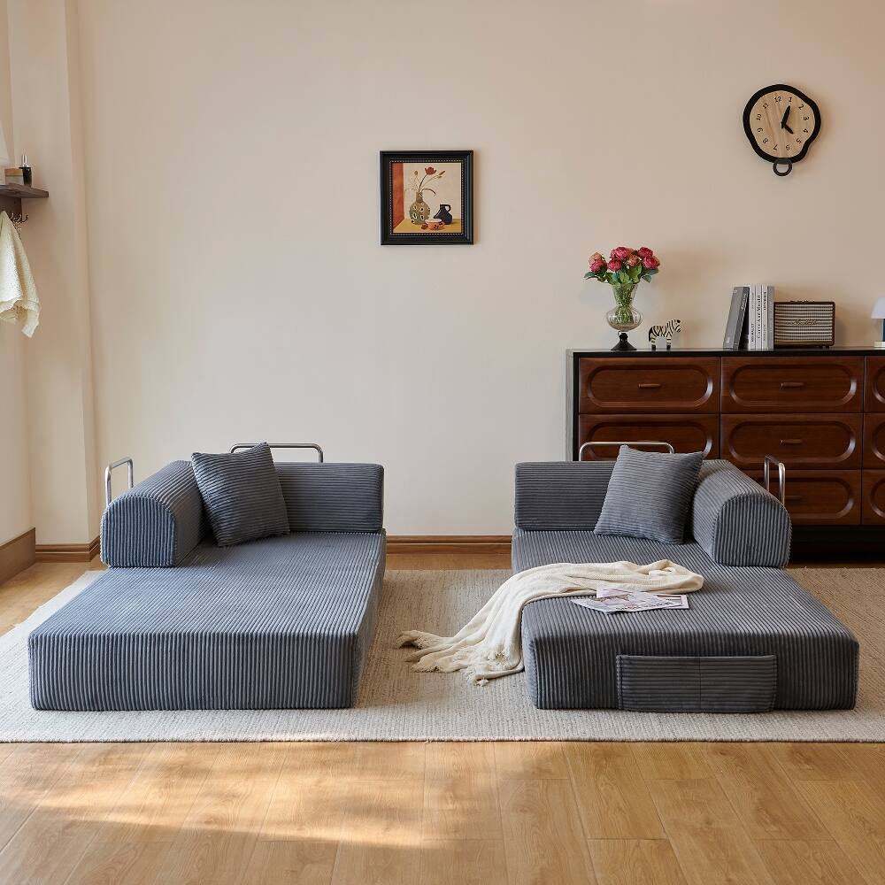 Alt View 4. Loheer - Loheer 78.8" Compression Sofa Floor Sofa Bed Grey Corduroy Futon Couch Modular Sectional Sofa - Grey.