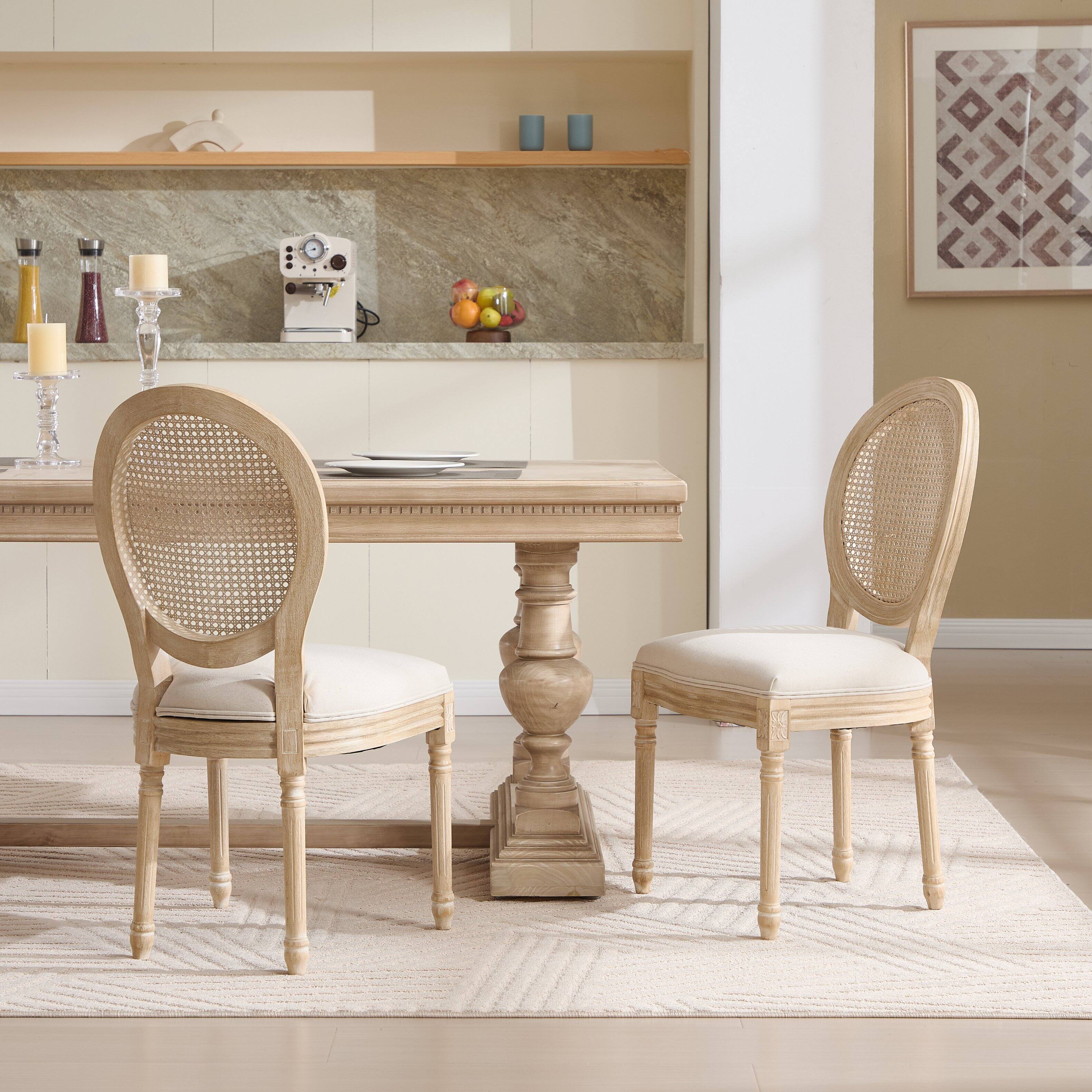 Front. TinyHomie - Set of 2 Upholstered Chairs with Nature Rattan Round Back Wire drawing and carving techniques Disassemblable - Beige.