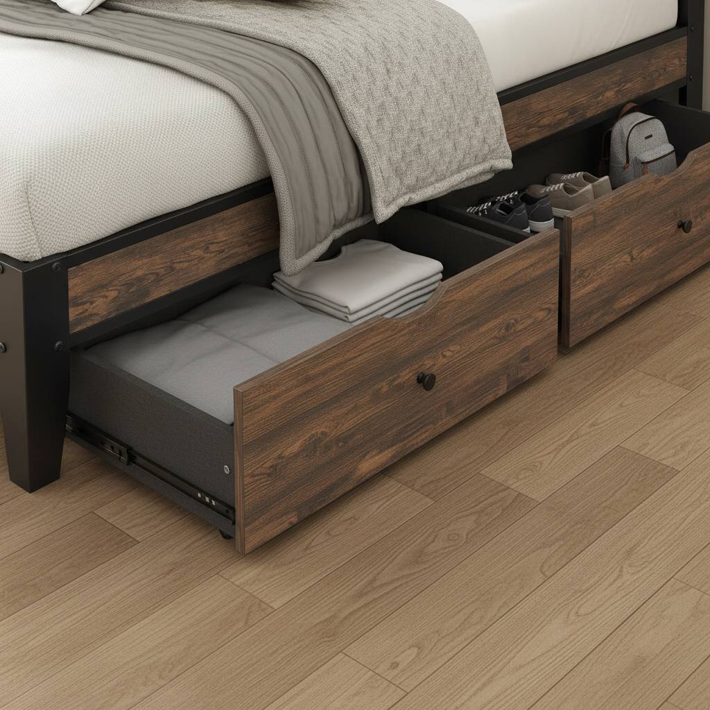 Alt View 4. AOITUN - Twin Bed Frame with Headboard & Storage Drawers, Upholstered Platform Bed with Charging Station, Industrial Style - Industrial.