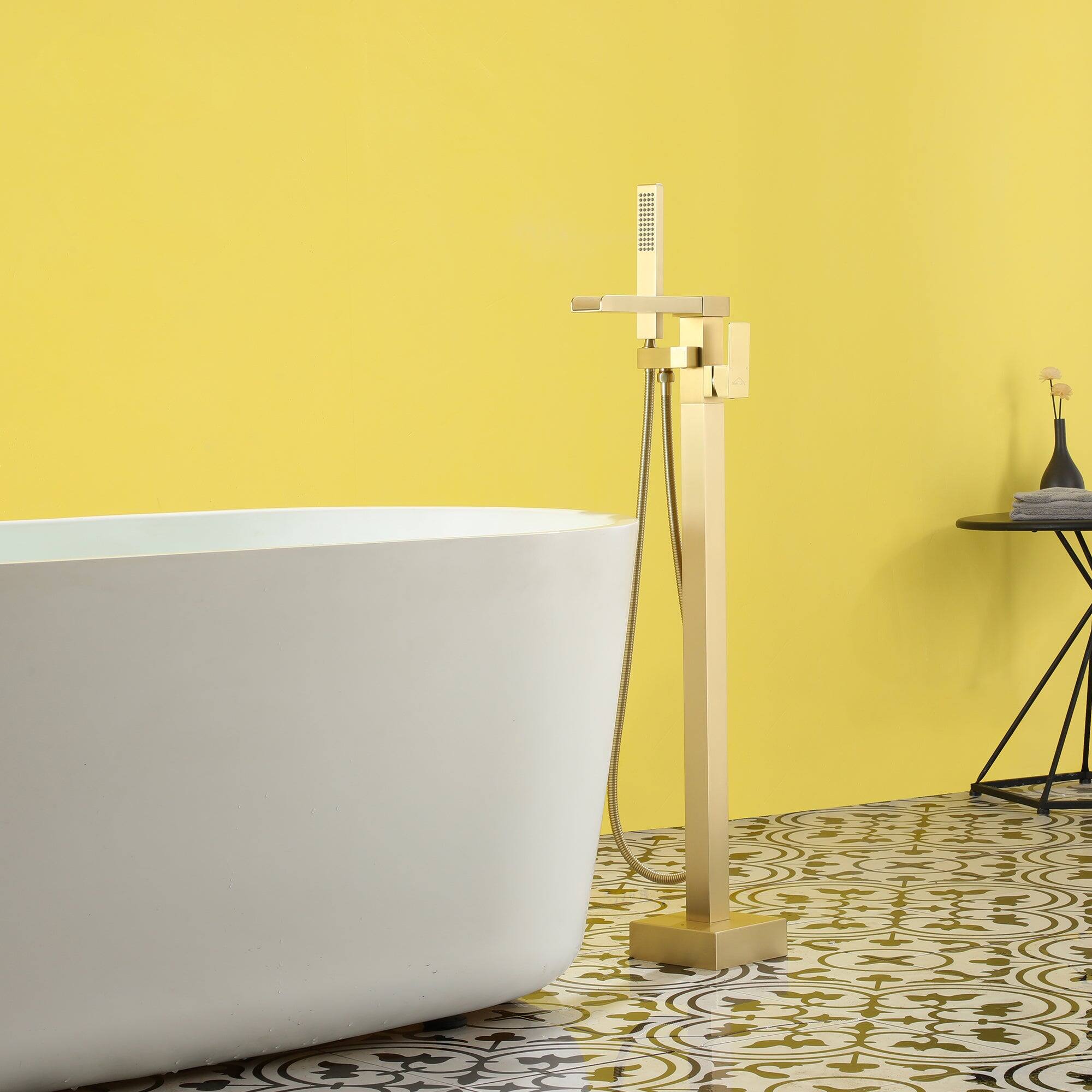 Alt View 3. Boyel Living - Freestanding Floor Mount Single Handle Waterfall Tub Filler Faucet with Handheld Shower in Brushed Gold - Brushed Gold.