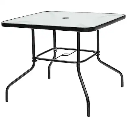 Front. Gymax - Gymax 35'' Patio Dining Square Tempered Glass Table w/ Umbrella Hole Backyard - Black.