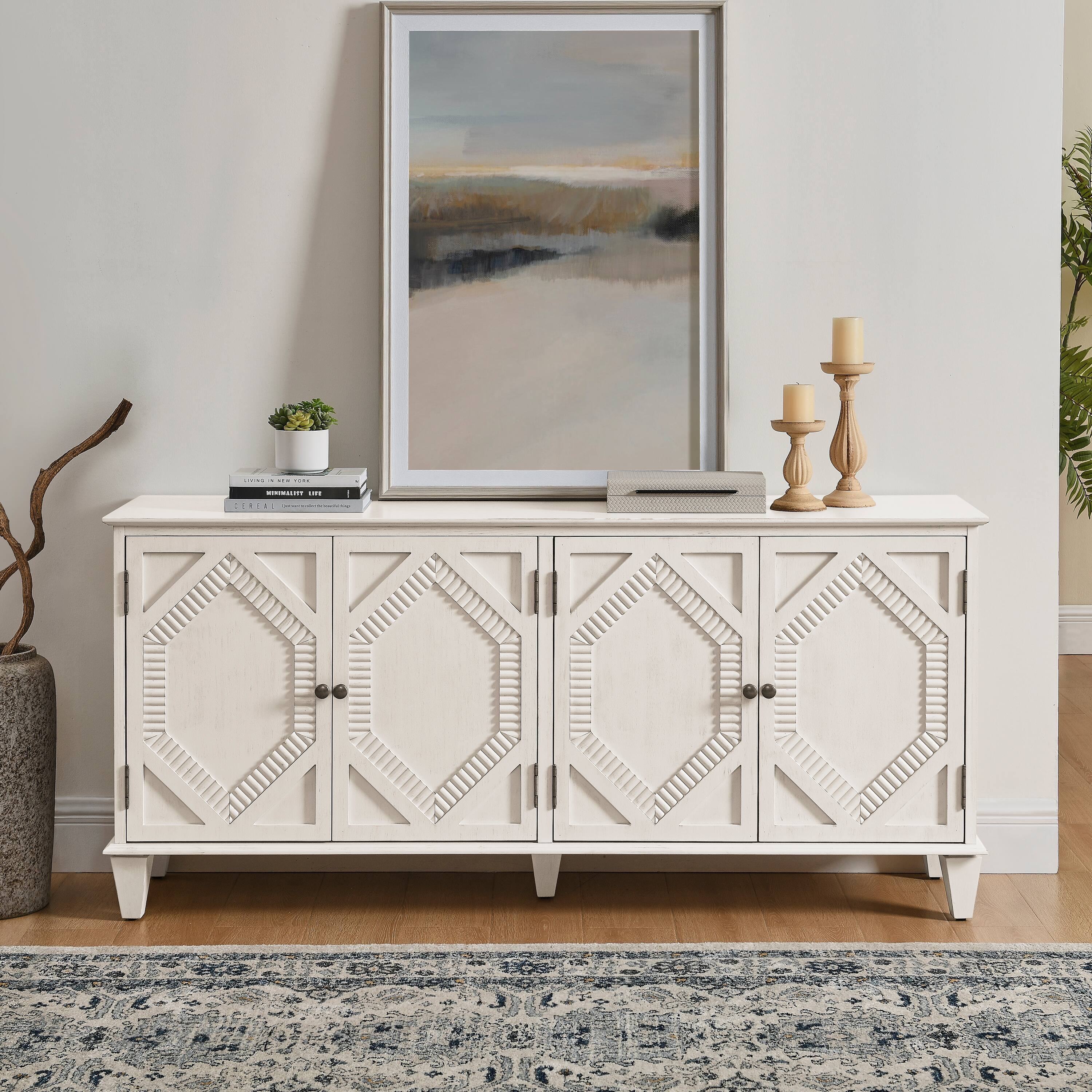 Angle. Lirago - Mid-Century Modern Sideboard​​ 15.75"D x 65.55"W x 30.2"H Black Decorative Storage Cabinet Large Console Table - White.