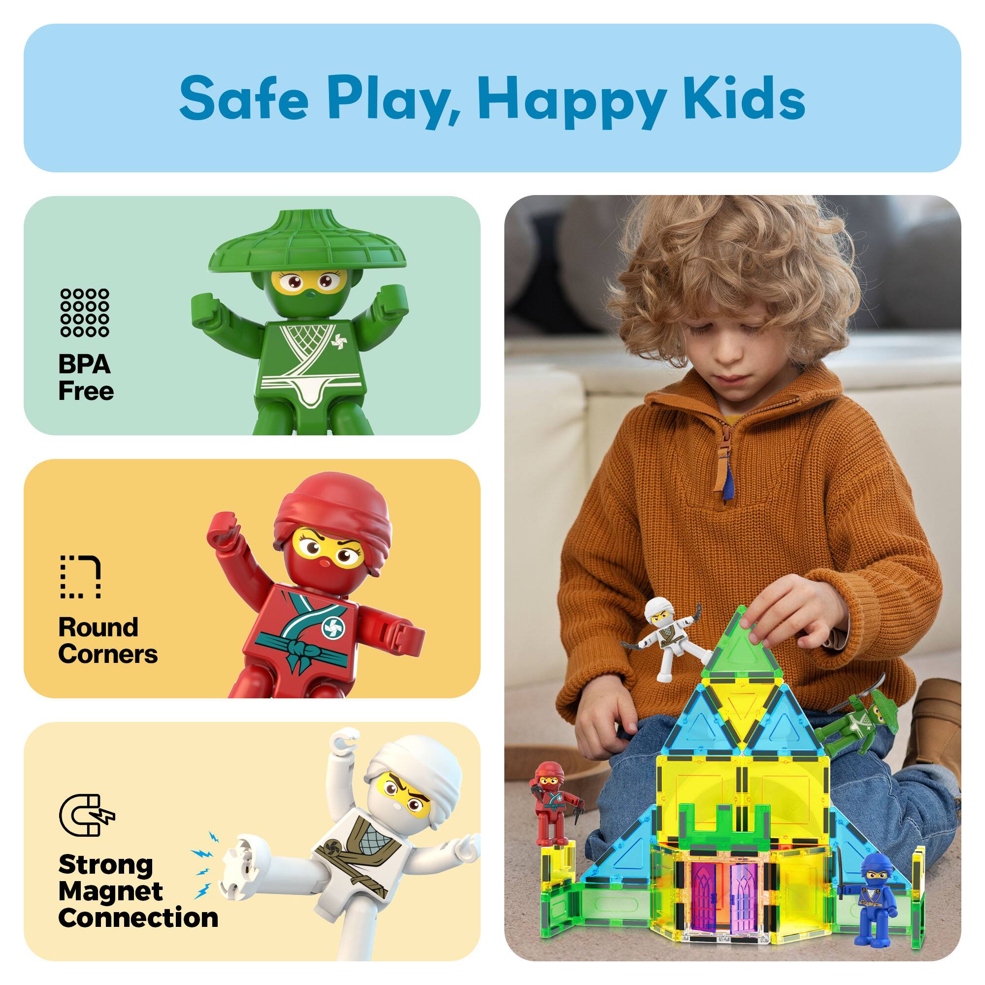 Safe Play, Happy Kids

- BPA Free
- Round Corners
- Strong Magnet Connection