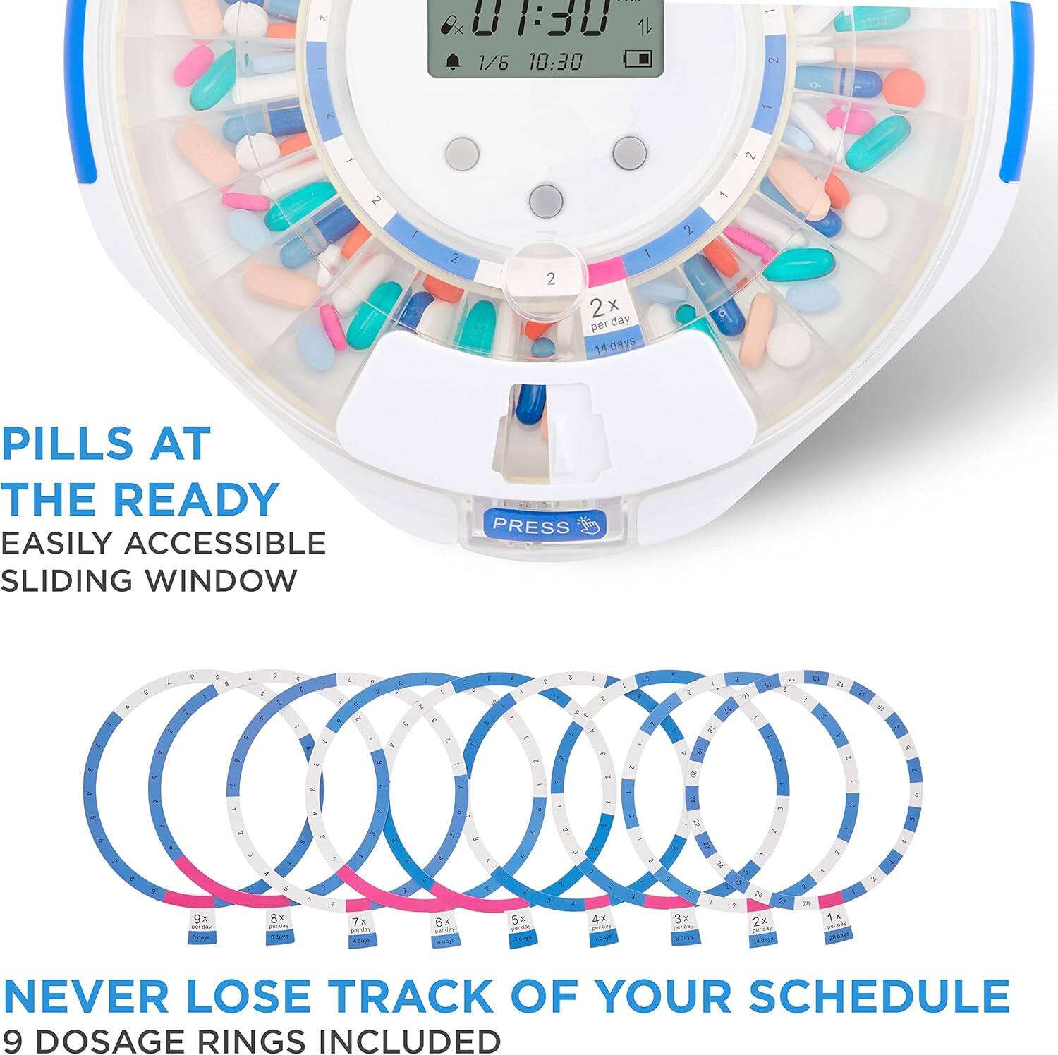 08O 1 1/6 10:30 - 2 1 . 2 2 1 1 2 2 1 2x x per day 14 days 24 PILLS AT THE READY EASILY ACCESSIBLE SLIDING WINDOW PRESS - 9x 8x .de Tx 5 OK 5x 4x 3x 2x 1x NEVER LOSE TRACK OF YOUR SCHEDULE 9 DOSAGE RINGS INCLUDED