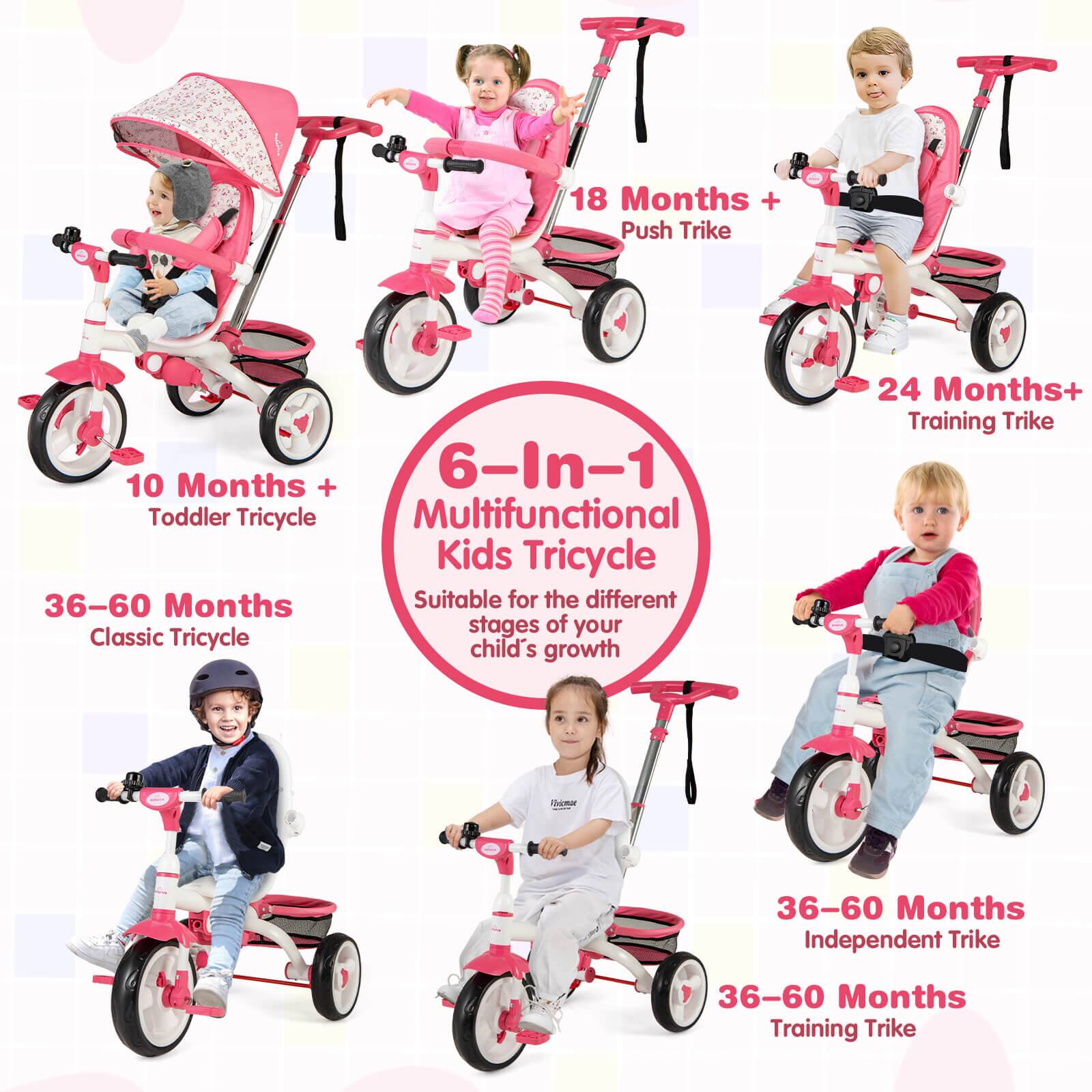 10 Months + Toddler Tricycle  
18 Months + Push Trike  
24 Months+ Training Trike  
36-60 Months Classic Tricycle  
36-60 Months Independent Trike  
36-60 Months Training Trike  

6-In-1 Multifunctional Kids Tricycle  
Suitable for the different stages of your child's growth