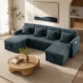 Anysun - U-Shaped Plush Corduroy Sectional Sleeper Sofa with Pull-Out Bed and Double Storage Chaise for Living Room - Dark Gray