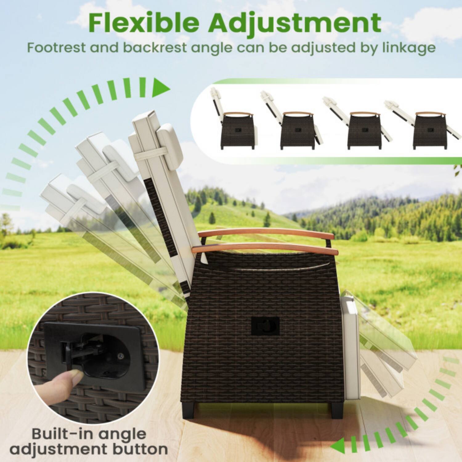 Flexible Adjustment  
Footrest and backrest angle can be adjusted by linkage  
Built-in angle adjustment button