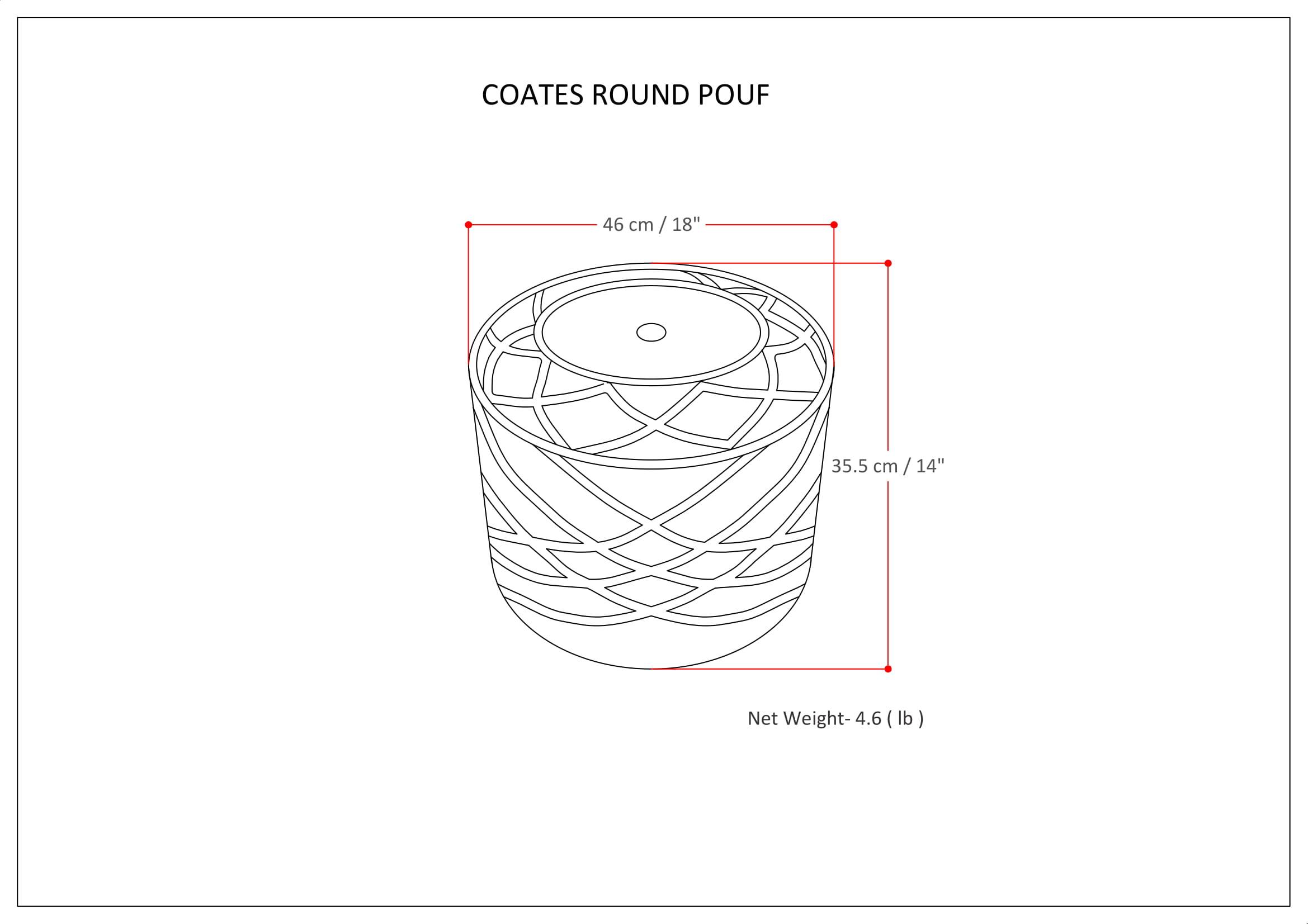 COATES ROUND POUF  
46 cm / 18"  
35.5 cm / 14"  
Net Weight: 4.6 lb