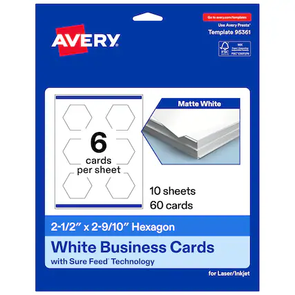 Go to avery.com/templates
Use Avery Presta Template 95361
Matte White
6 cards per sheet
10 sheets
60 cards
2-1/2" x 2-9/10" Hexagon
White Business Cards with Sure Feed Technology for Laser/Inkjet